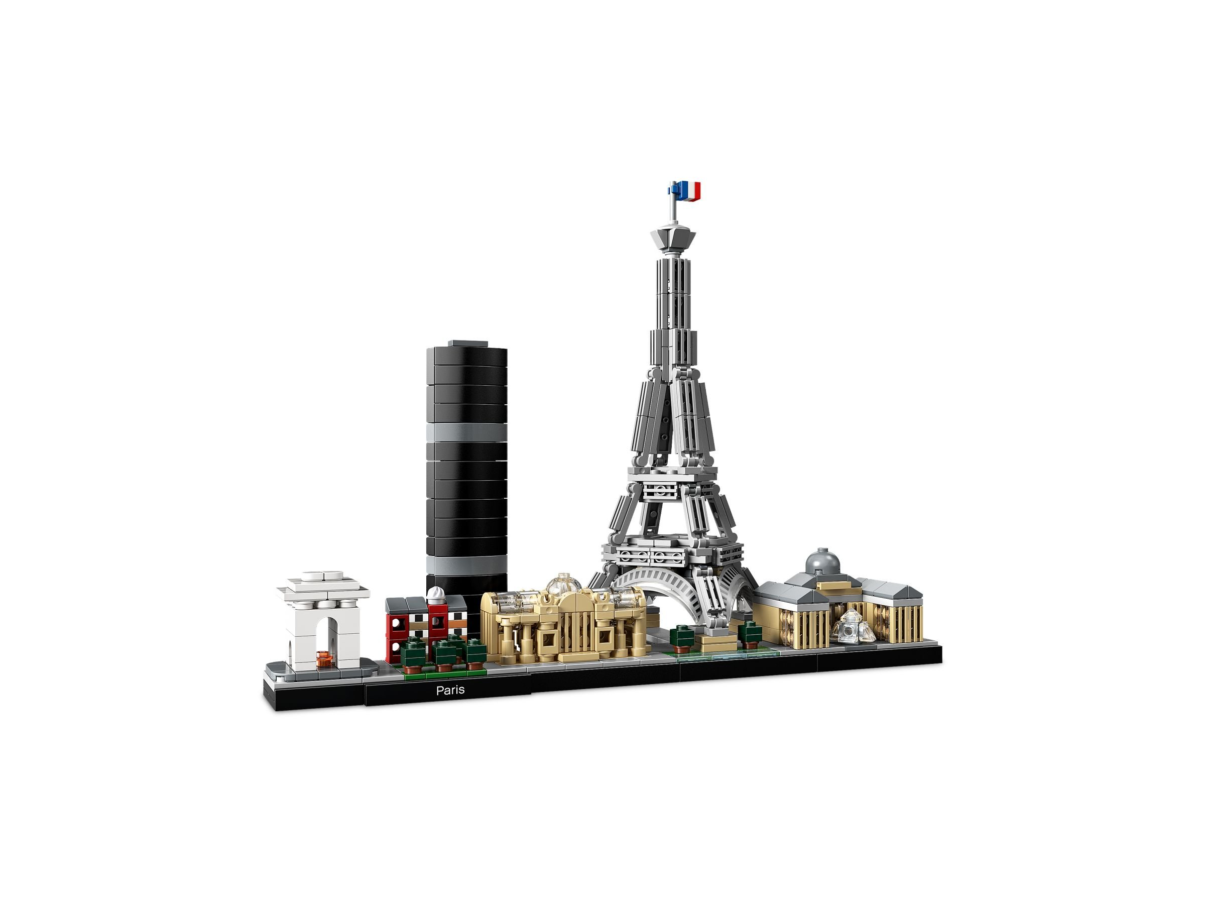 Ein Lego-Modell von Paris mit Eiffelturm, Arc de Triomphe und anderen Gebäuden. Das Modell steht auf einer schwarzen Basis.