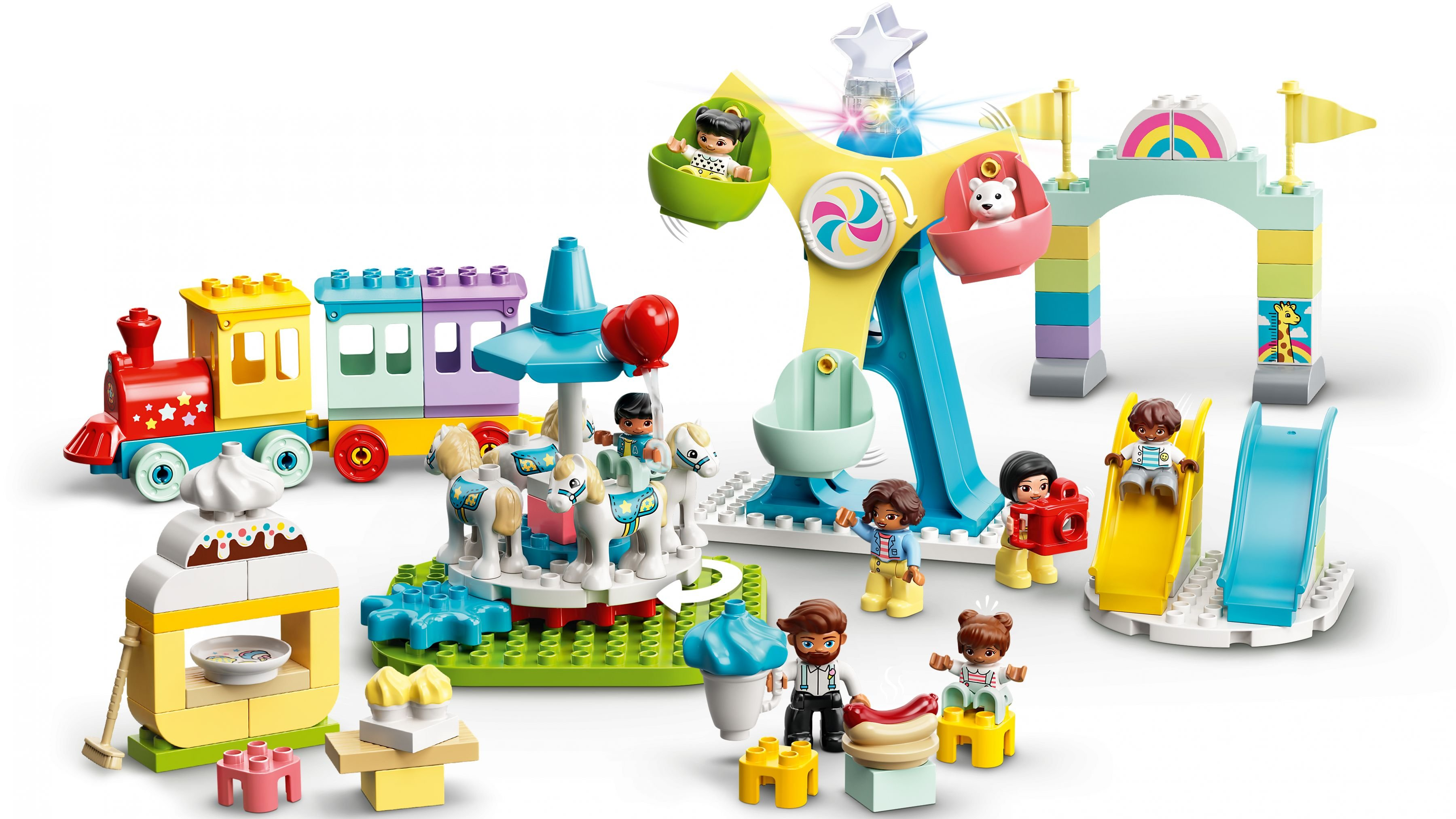 Ein farbenfrohes LEGO Duplo Vergnügungspark-Set mit Zug, Karussell, Riesenrad, Rutschen und Figuren.
