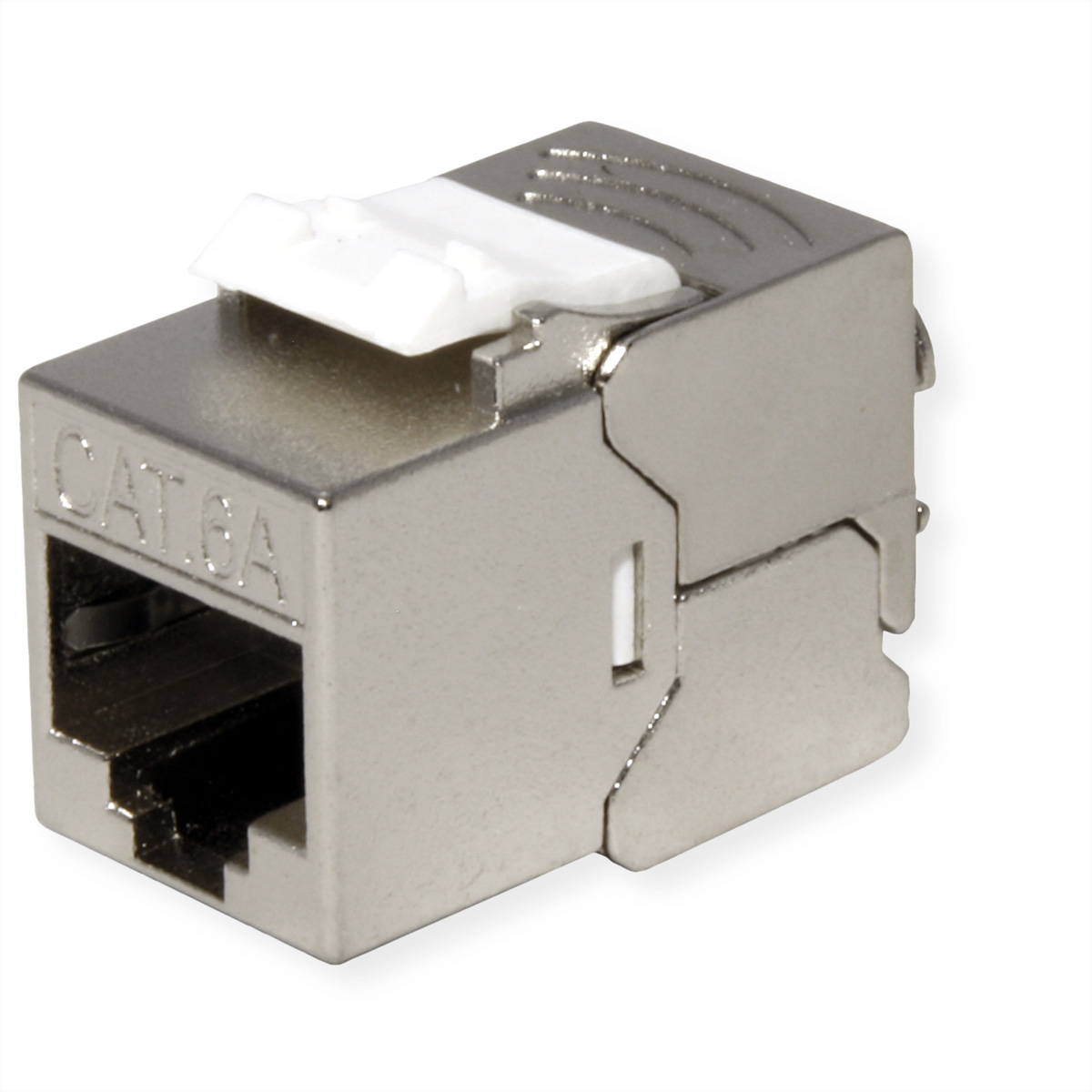 Ein metallischer CAT 6A-Anschluss mit weißem Kunststoffclip. Der Stecker ist silberfarben und hat einen Anschluss für ein Ethernet-Kabel.