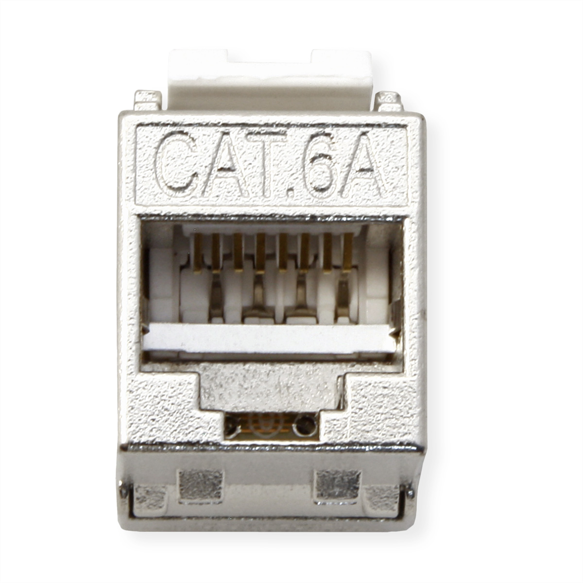 Ein CAT 6A Netzwerkanschluss ist abgebildet. Er ist metallisch silber mit goldfarbenen Pins. Der Text 'CAT.6A' ist auf der Vorderseite zu sehen.