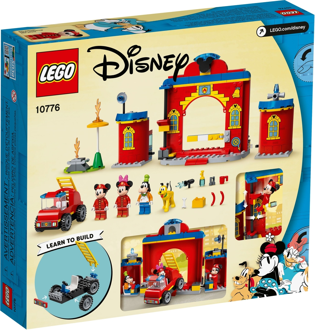 Eine LEGO Disney-Set-Box. Sie zeigt eine rote Feuerwache mit Mickey und Minnie Mouse, Goofy und Pluto Figuren.