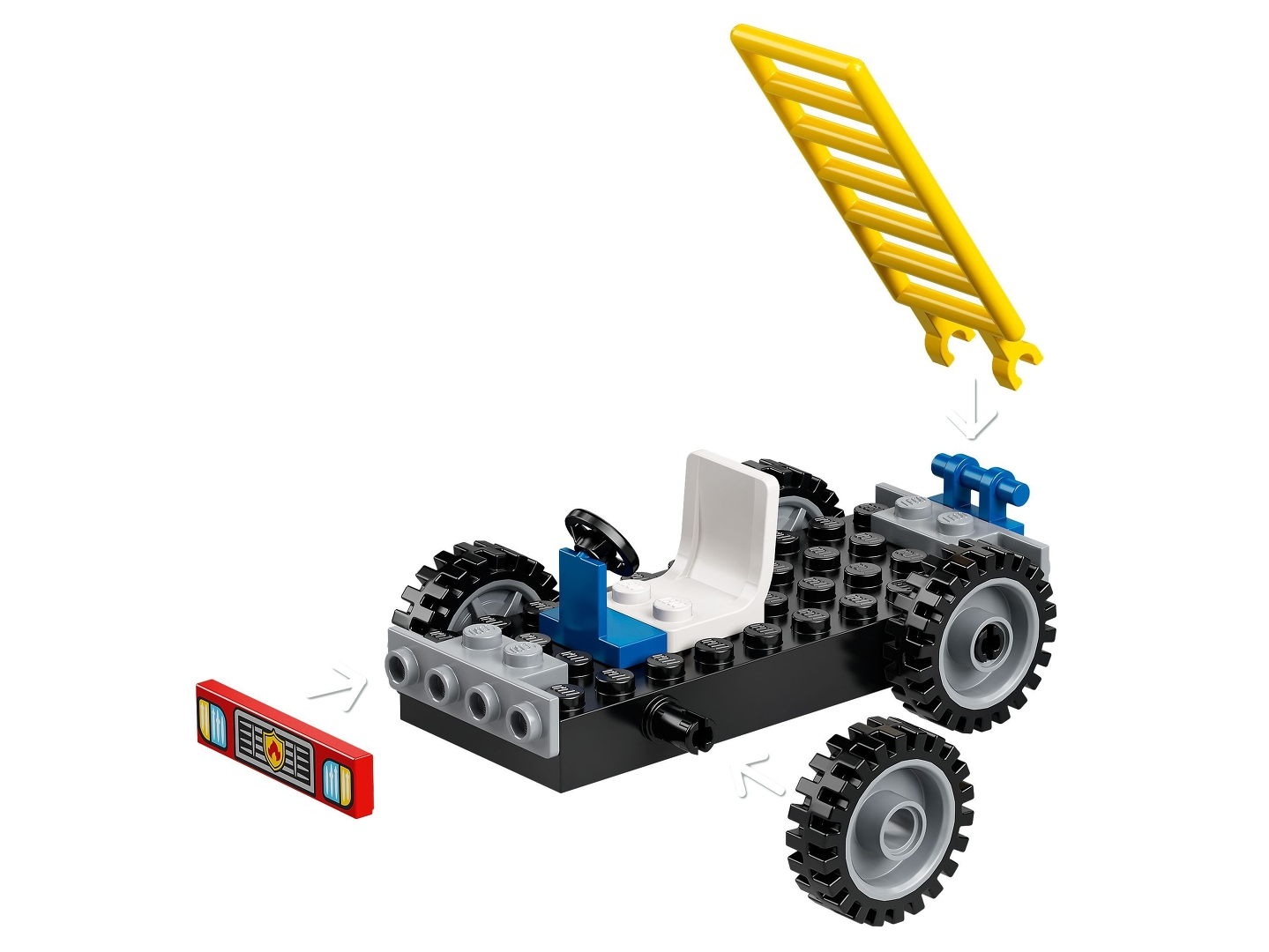Ein Lego-Auto-Bausatz mit schwarzem Fahrgestell, großen Rädern und einer gelben Leiter. Teile sind separat, montagefertig.