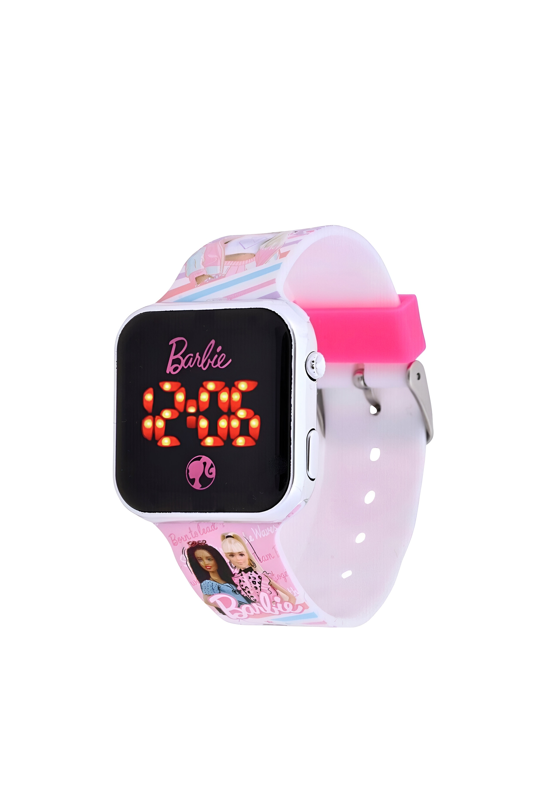 Orologio digitale Barbie, cornice bianca, cinturino rosa. L'ora è 12:06. Il logo Barbie è in basso.
