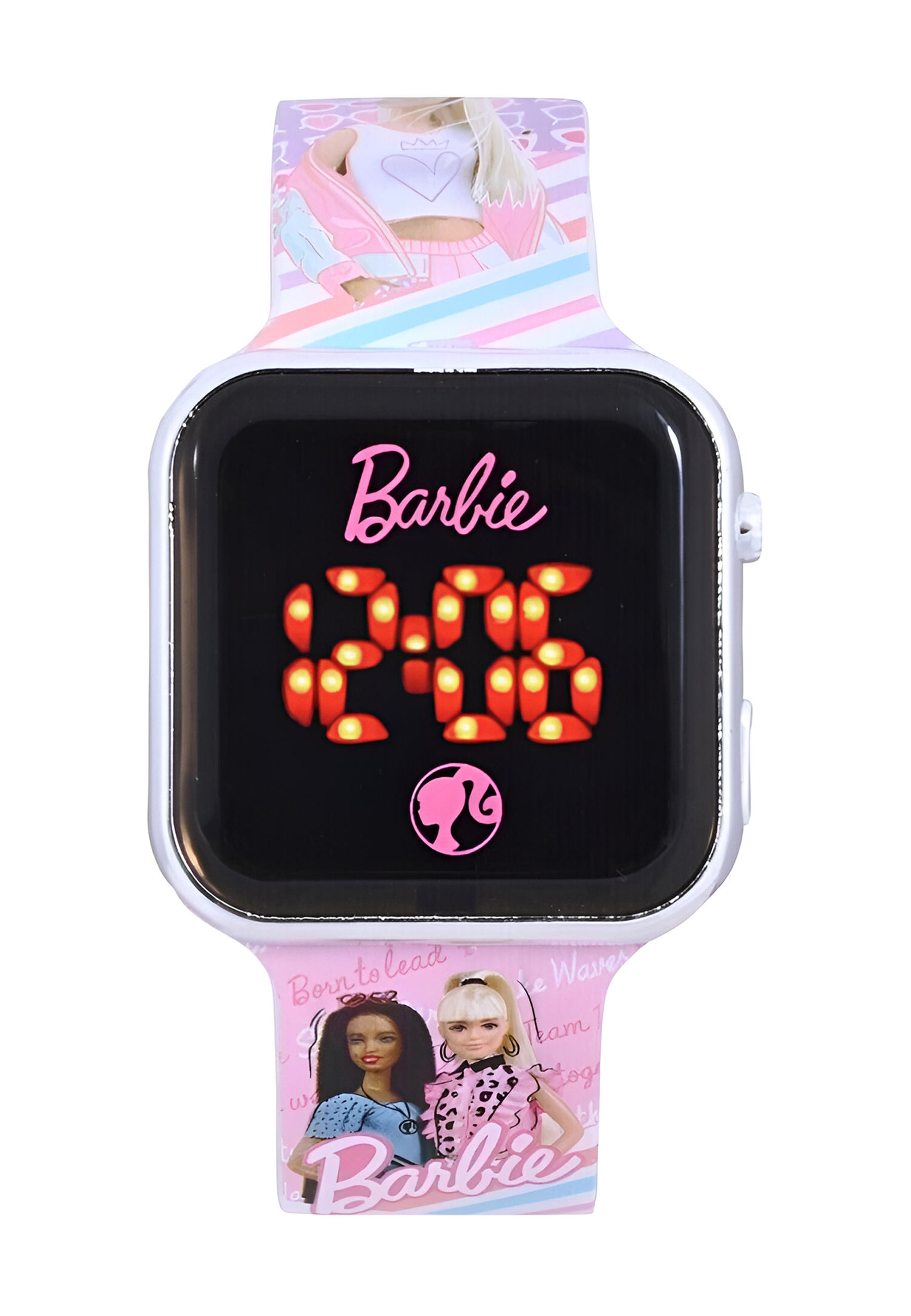 Un orologio Barbie rosa mostra le 12:06. Il cinturino ha immagini e testo Barbie.