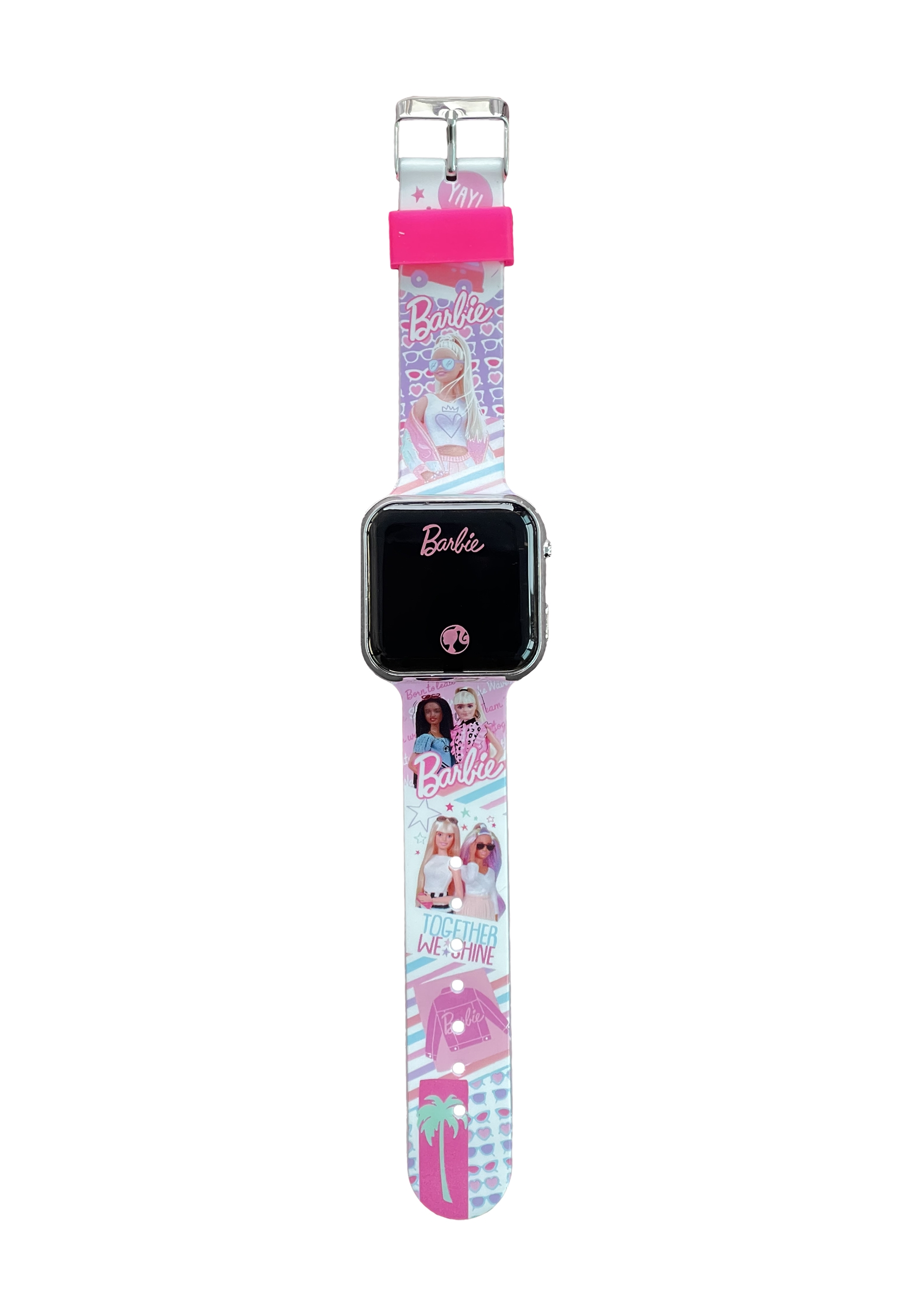 Uno smartwatch Barbie con cinturino rosa e schermo nero. Ha loghi Barbie e immagini di bambole Barbie.