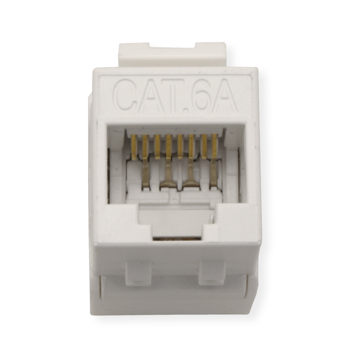 Ein weißer CAT 6A-Anschluss. Er hat eine rechteckige Form mit goldfarbenen Stiften in der Mitte. Der Text 'CAT.6A' ist darauf gedruckt.