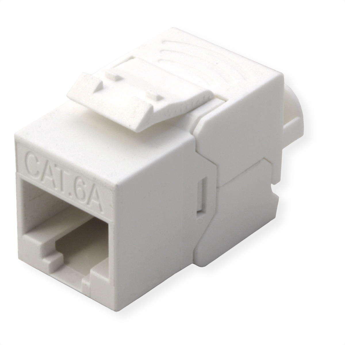 Ein weißer CAT 6A-Stecker. Er hat eine rechteckige Form mit einem Clip oben und einem Anschluss mit der Aufschrift 'CAT 6A' vorne.