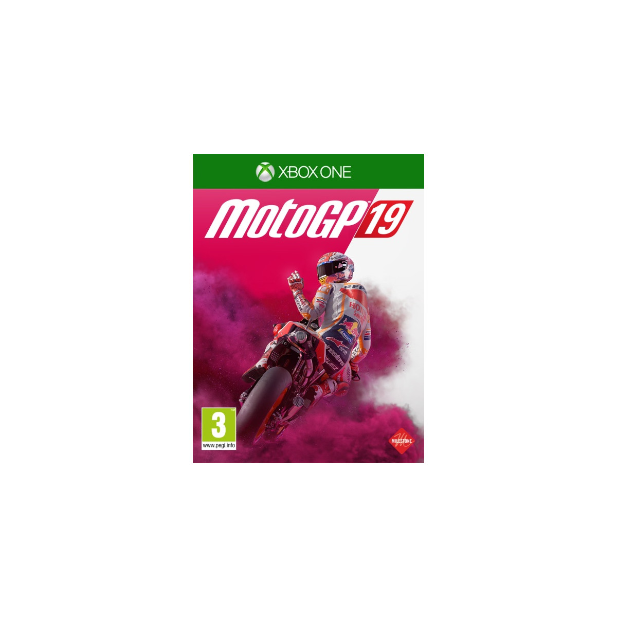 Copertina del gioco MotoGP 19. Un pilota su una moto, che attraversa fumo rosa. Logo Xbox One in alto.