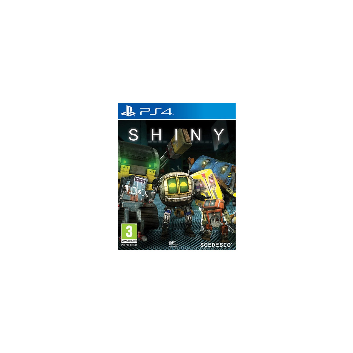 Copertina del gioco PS4 'Shiny'. Robot di vari colori raggruppati. Il titolo del gioco è in alto. La classificazione PEGI è visibile.