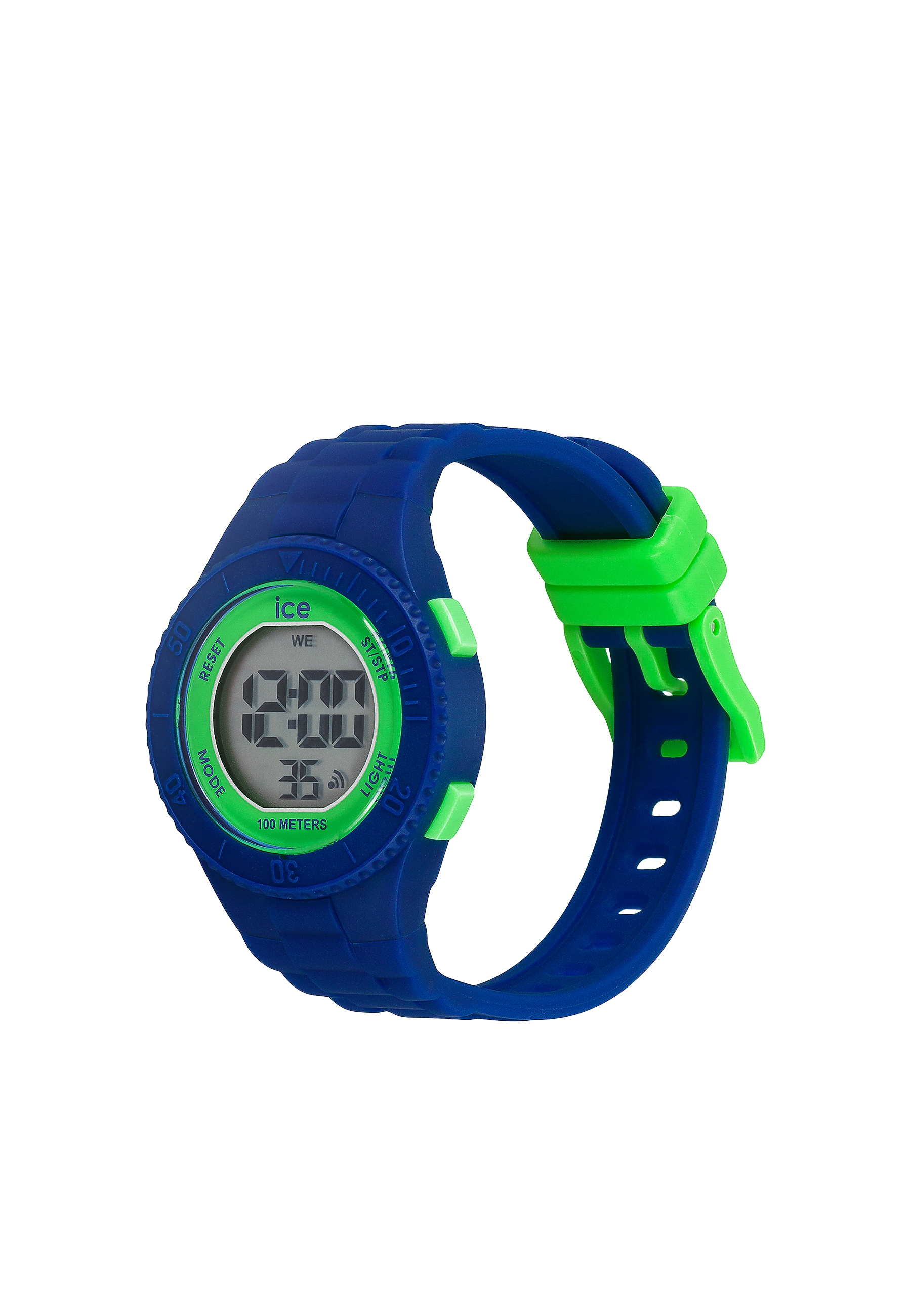 Eine blau-grüne Digitaluhr. Das Display zeigt die Zeit an. Die Uhr hat ein blaues Armband und eine grüne Schnalle.