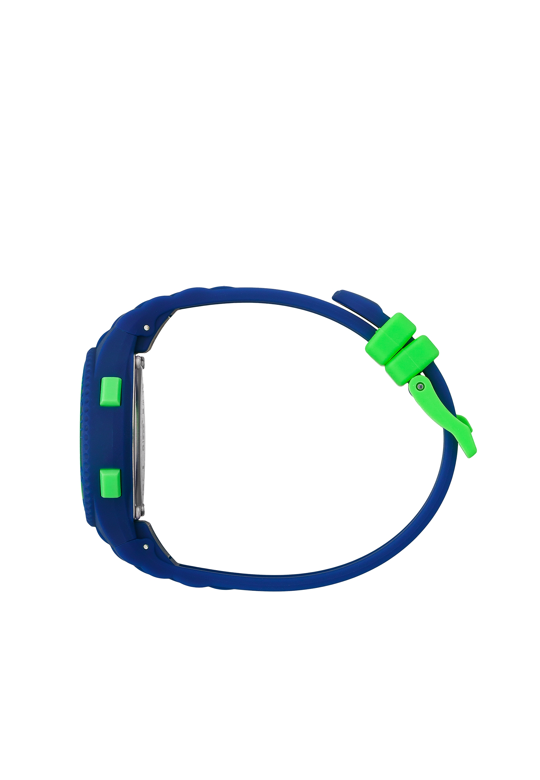 Eine blau-grüne Uhr auf weißem Hintergrund. Die Uhr wird von der Seite betrachtet und zeigt das Band.