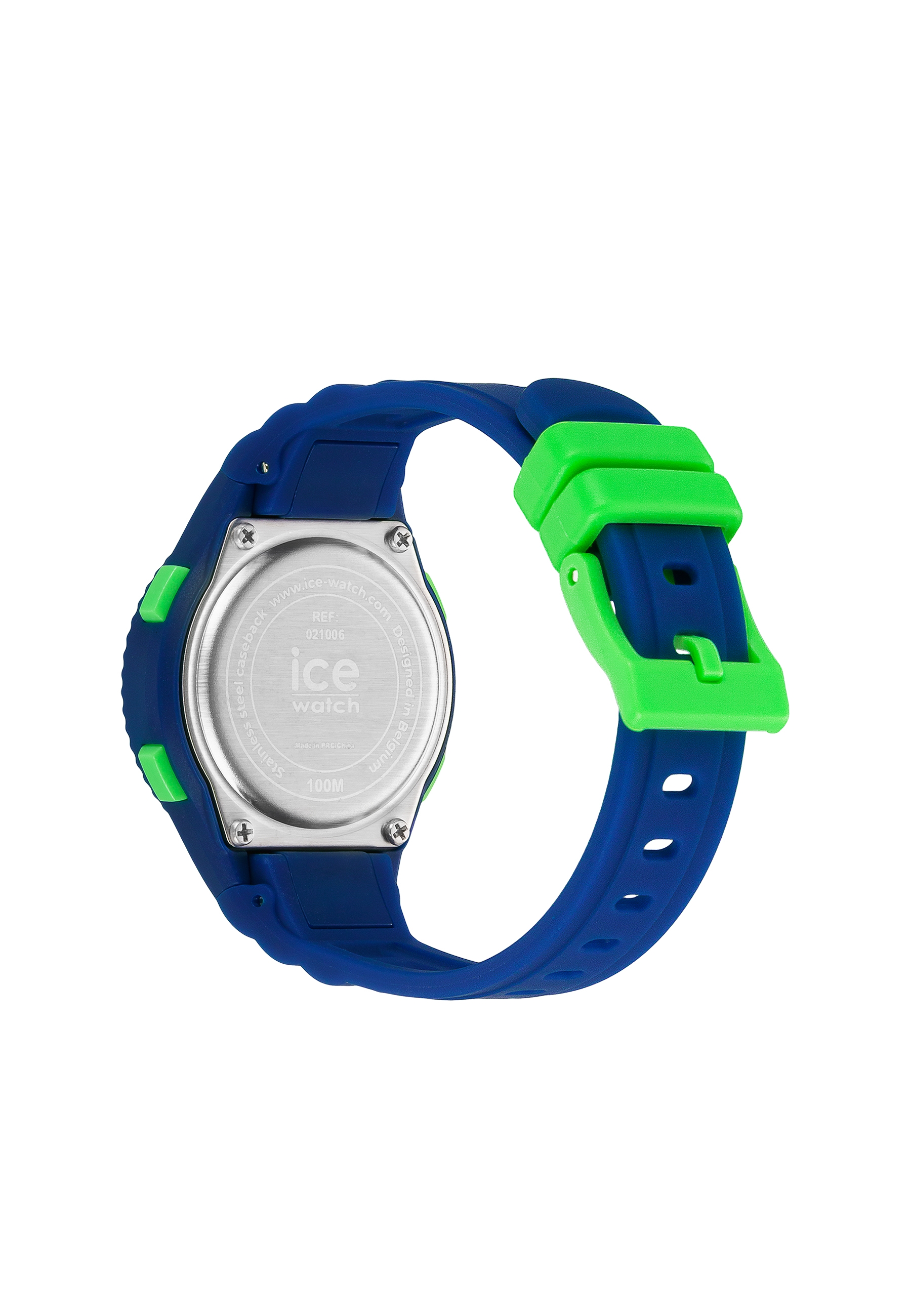 Blaue und grüne ICE-Uhr, Edelstahlrückseite, grüne Schnalle und blaues Armband. Weißer Hintergrund.