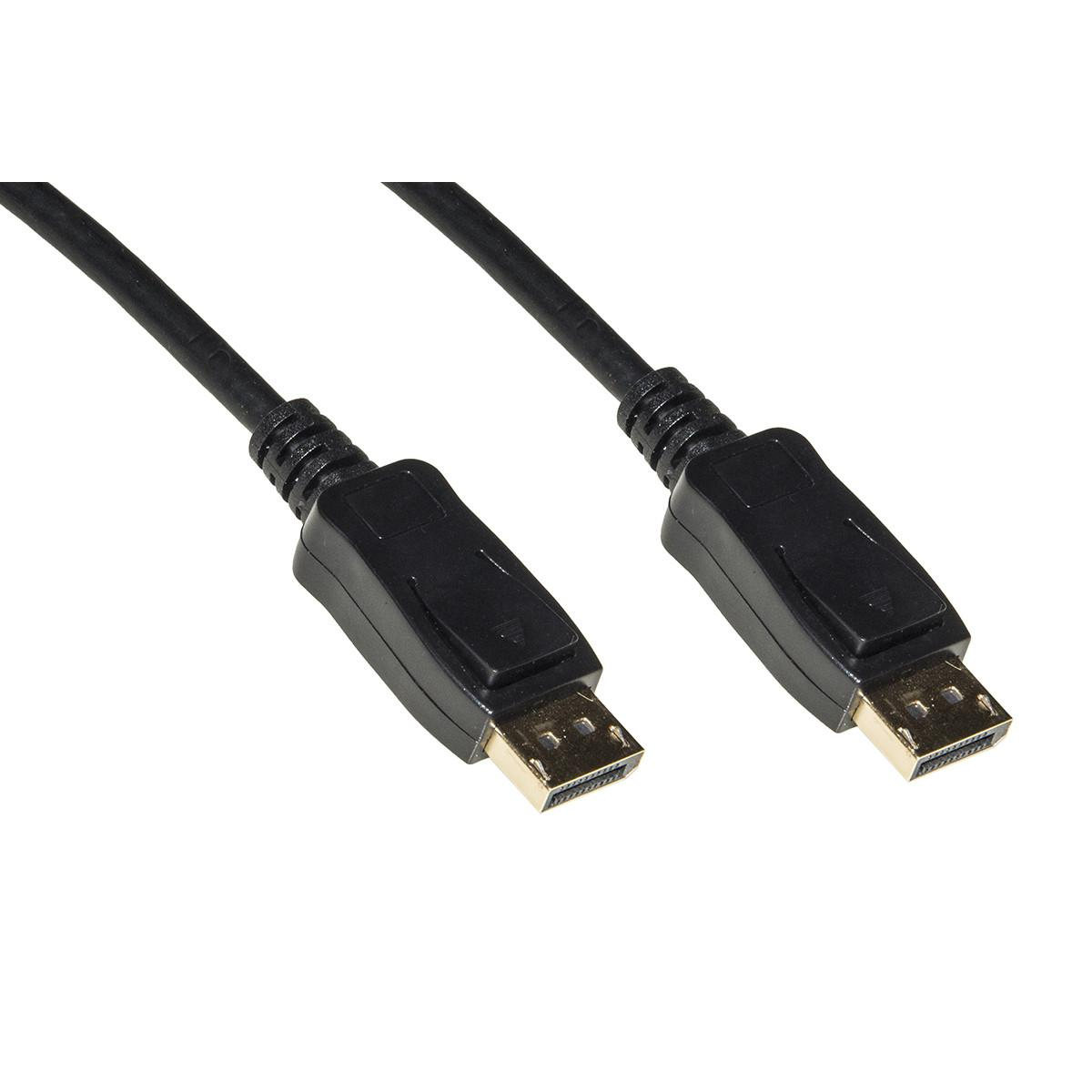 Zwei schwarze DisplayPort-Kabel. Die Anschlüsse haben goldfarbene Kontakte. Kabel auf weißem Hintergrund.