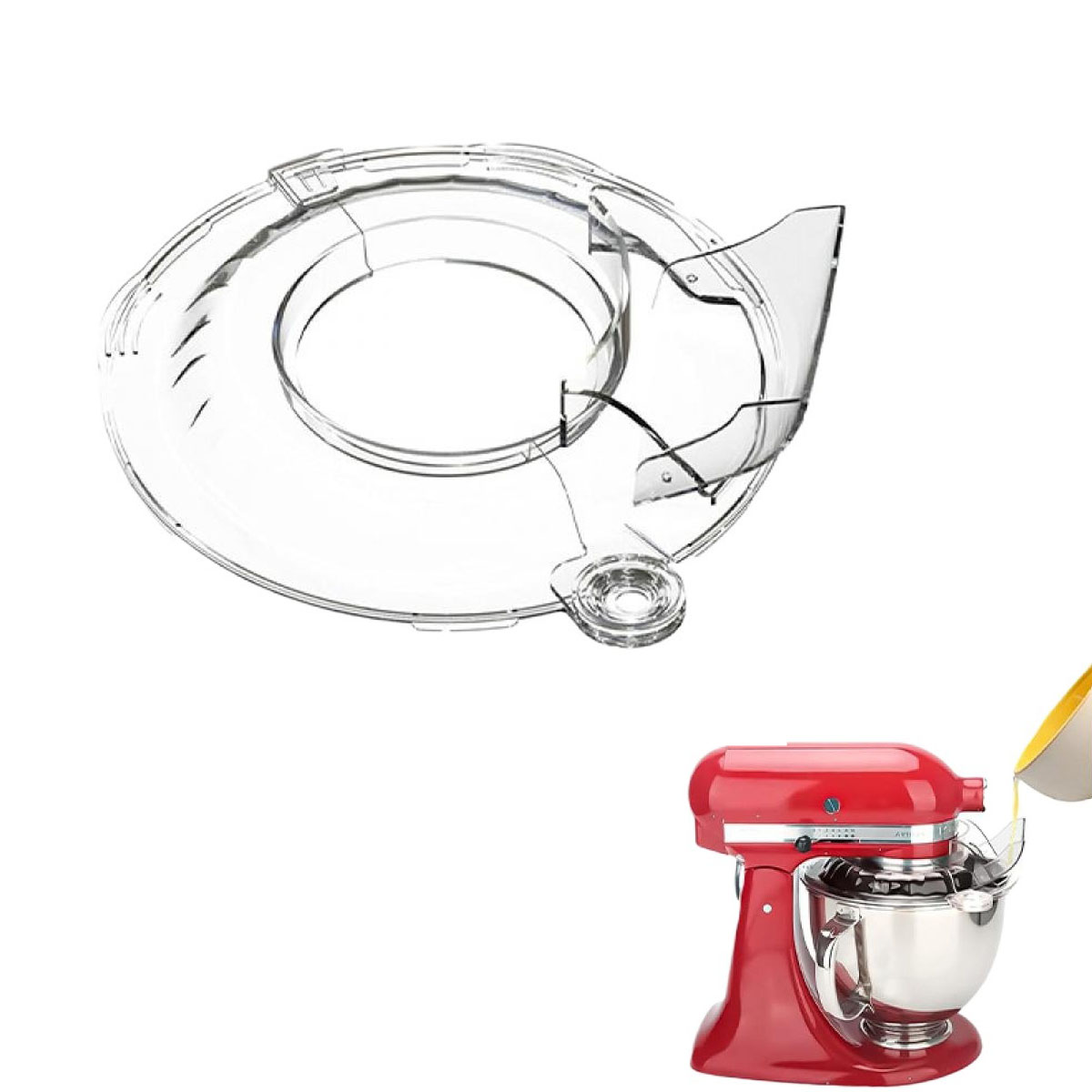 Ein durchsichtiger Kunststoff-Gießschutz befindet sich über einem roten Küchenmixer. Eine Schüssel ist vorhanden. Gelbe Flüssigkeit wird in die Schüssel gegossen.