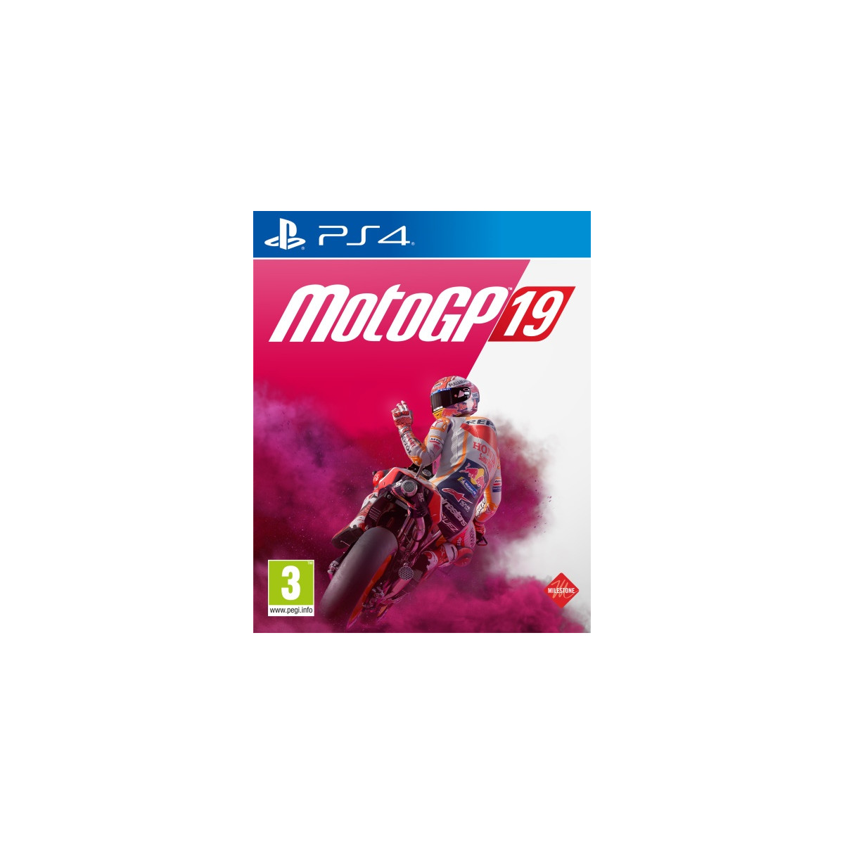 Copertina del gioco MotoGP 19 PS4. Un pilota su una moto rossa, con uno sfondo di fumo rosa. Il logo del gioco è visibile.