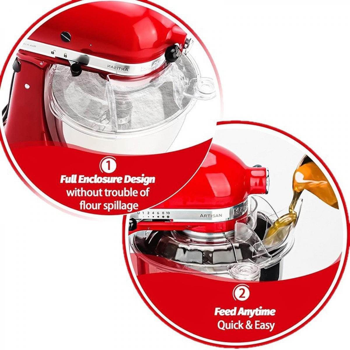 Roter KitchenAid-Küchenmixer mit transparentem Schutzschild. Das Bild zeigt ein vollständiges Gehäusedesign und einfaches Zuführen.