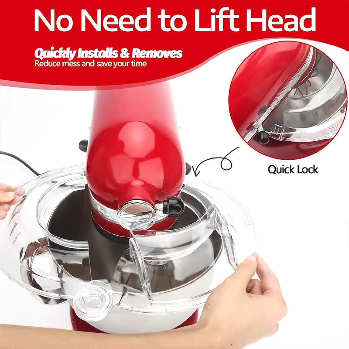 Ein roter Küchenmixer mit einem transparenten Schutzschild wird installiert. Text: 'No need to lift head' und 'Quick Lock'.
