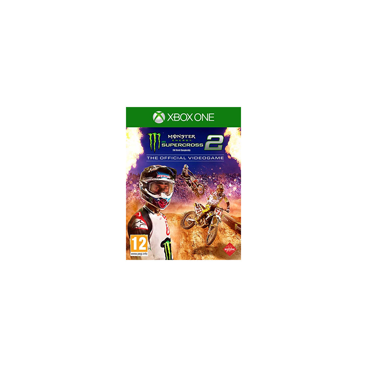 Copertina del gioco Monster Energy Supercross 2. Mostra un pilota su una moto da cross e il titolo del gioco con il logo Xbox One.