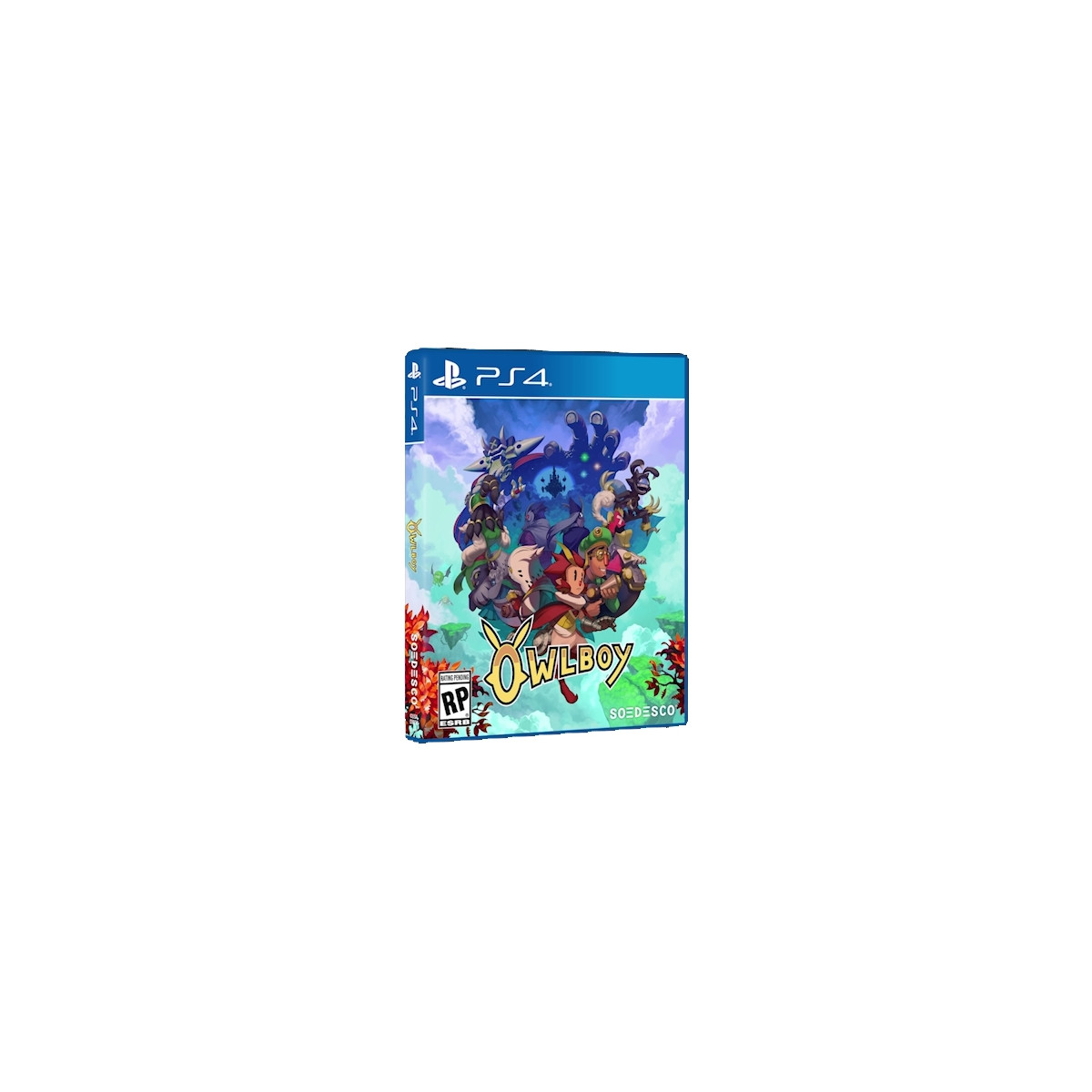 Copertina del gioco PS4 di Owlboy. La copertina presenta personaggi, un logo e la classificazione ESRB. Lo sfondo è blu con personaggi.