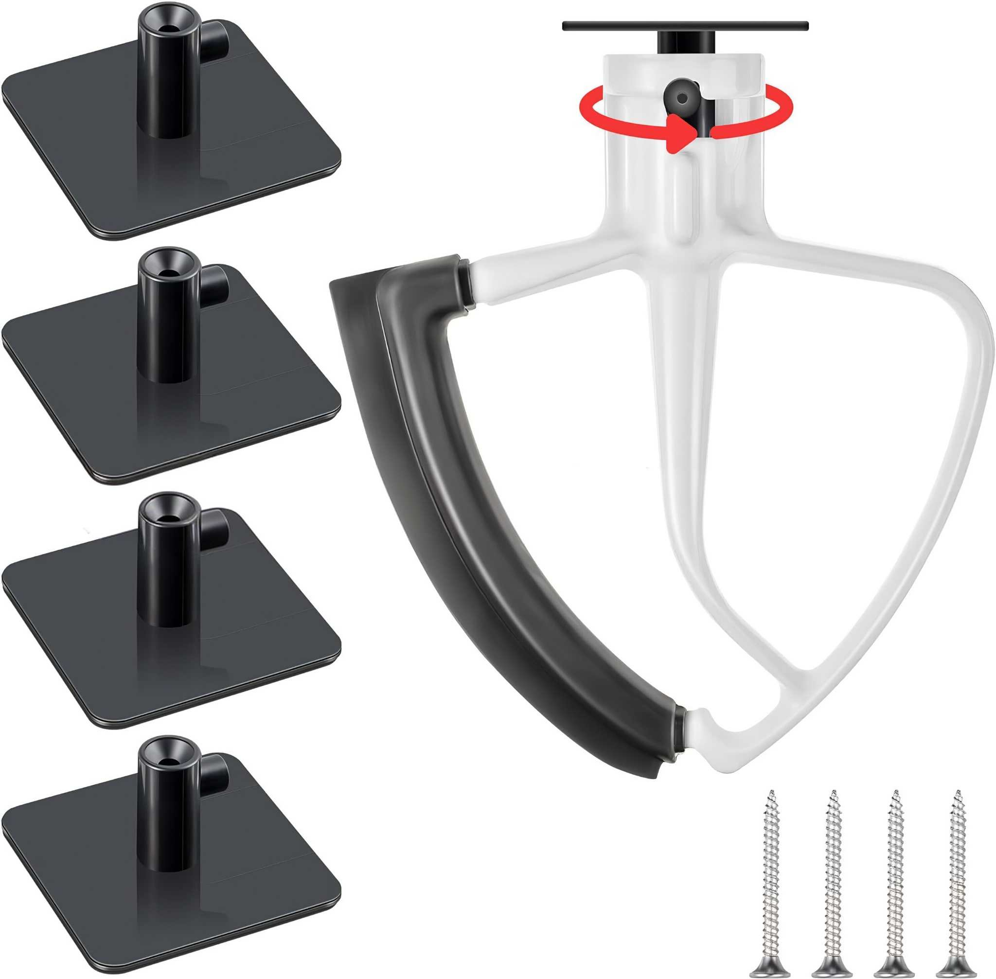 Ein weißes Mixaufsatz mit schwarzem Griff, vier schwarze Halter und Schrauben sind abgebildet.