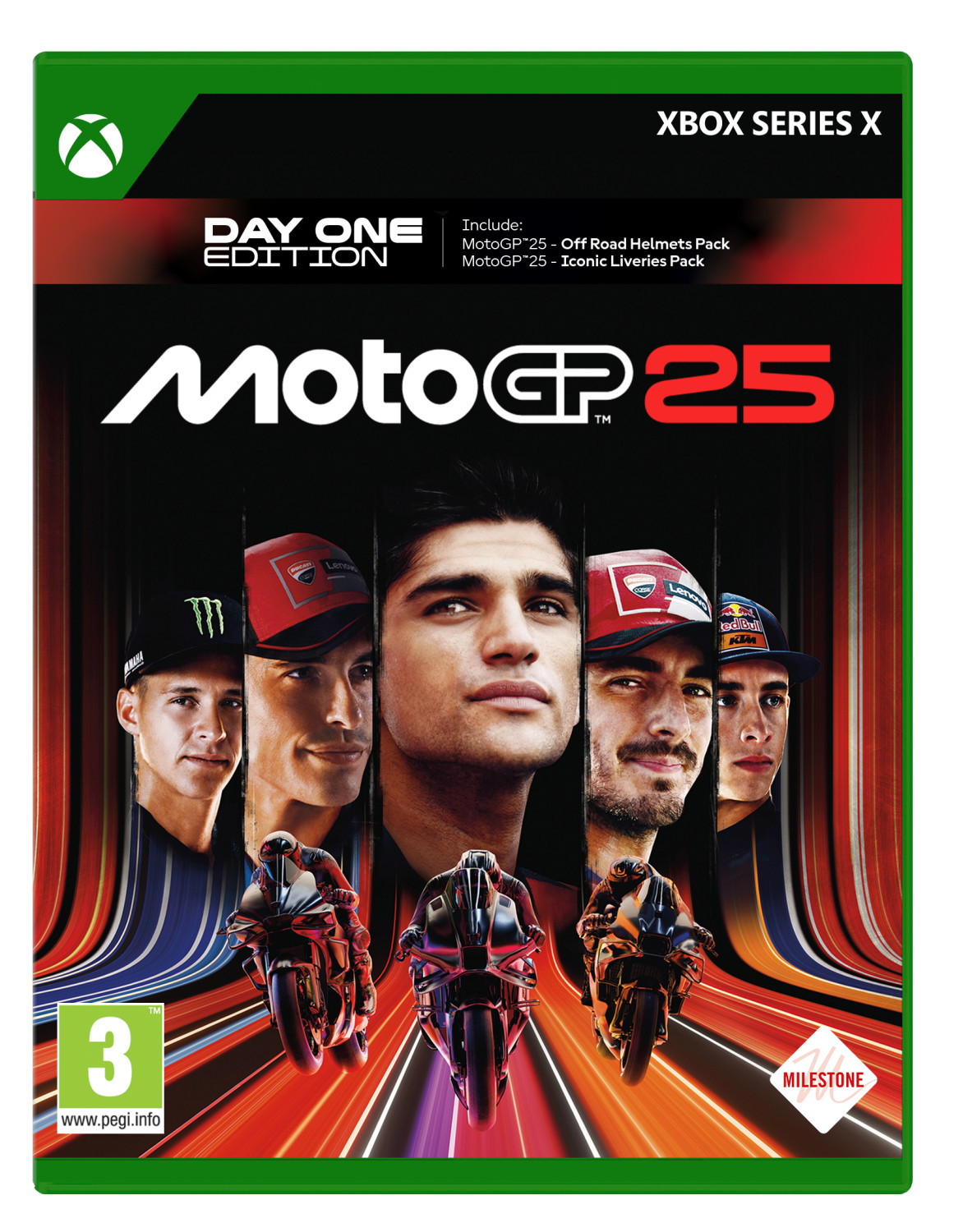 Copertina del gioco MotoGP 25 con ritratti di piloti, moto e il logo del gioco su sfondo scuro con accenti rossi.
