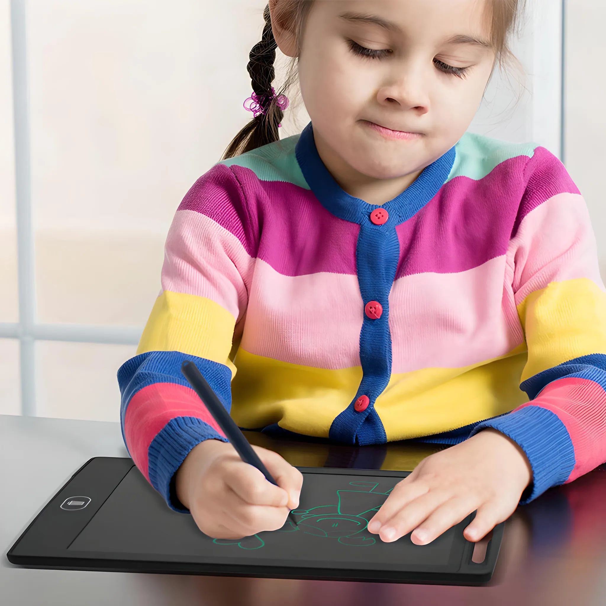 Ein Mädchen zeichnet auf einem schwarzen Tablet. Sie trägt einen bunten Pullover. Im Hintergrund sind ein Fenster und eine helle Wand.
