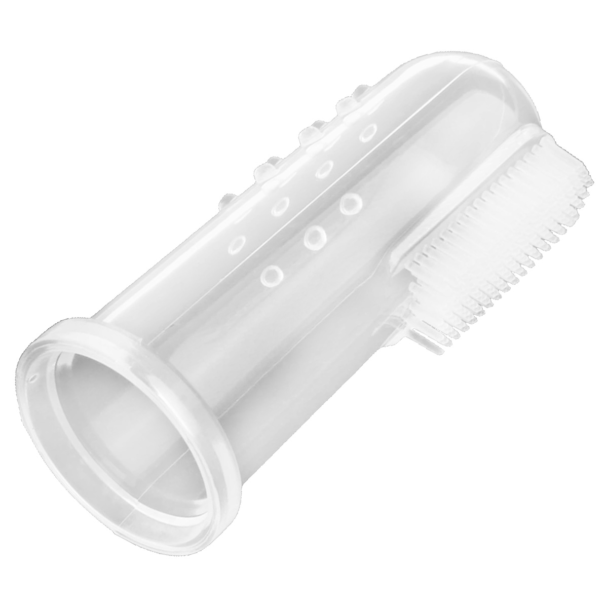 Uno spazzolino da denti per bambini trasparente da dito. Ha setole morbide a un'estremità e un inserto per le dita sull'altra.