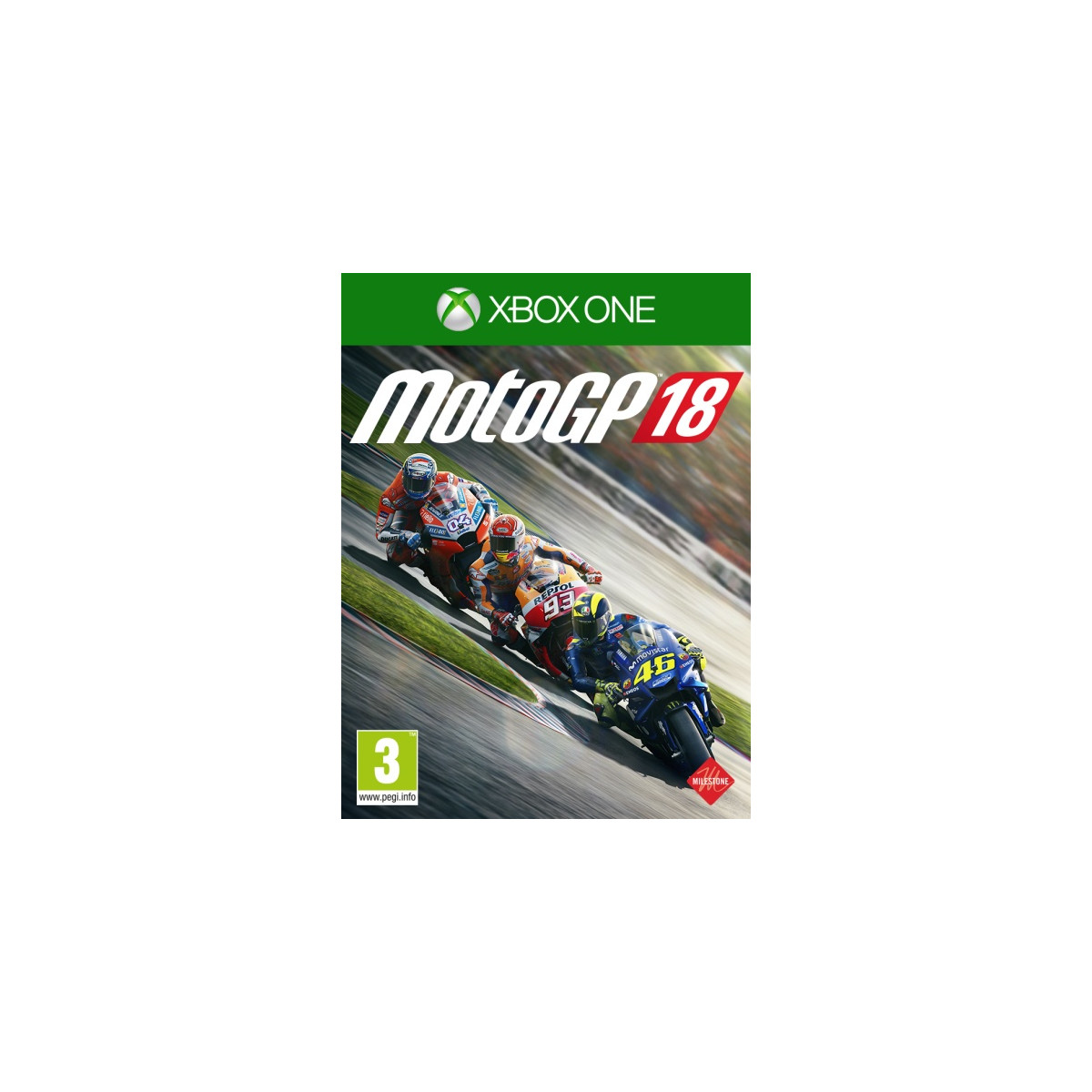 Copertina del gioco MotoGP 18 per Xbox One. Quattro moto in corsa su una pista. Logo Xbox One verde in alto. Età consigliata 3+.