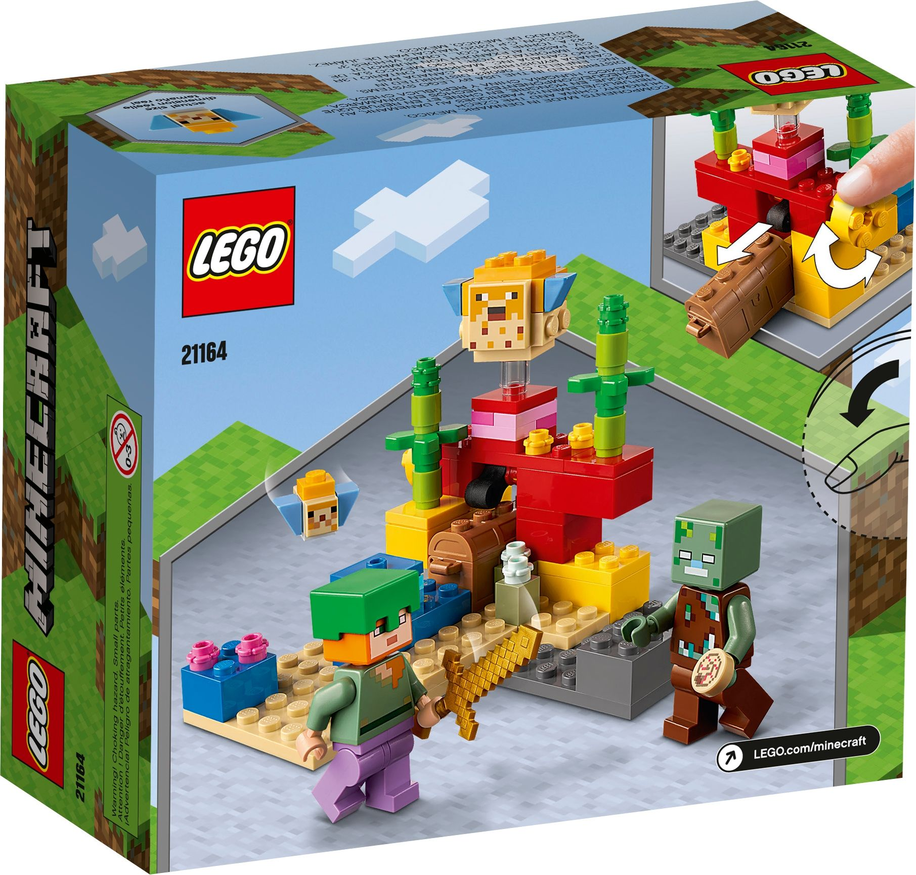 Lego Minecraft-Set. Figuren mit Werkzeugen stehen in der Nähe einer rot-gelben Struktur. Die Box zeigt die Set-Komponenten.