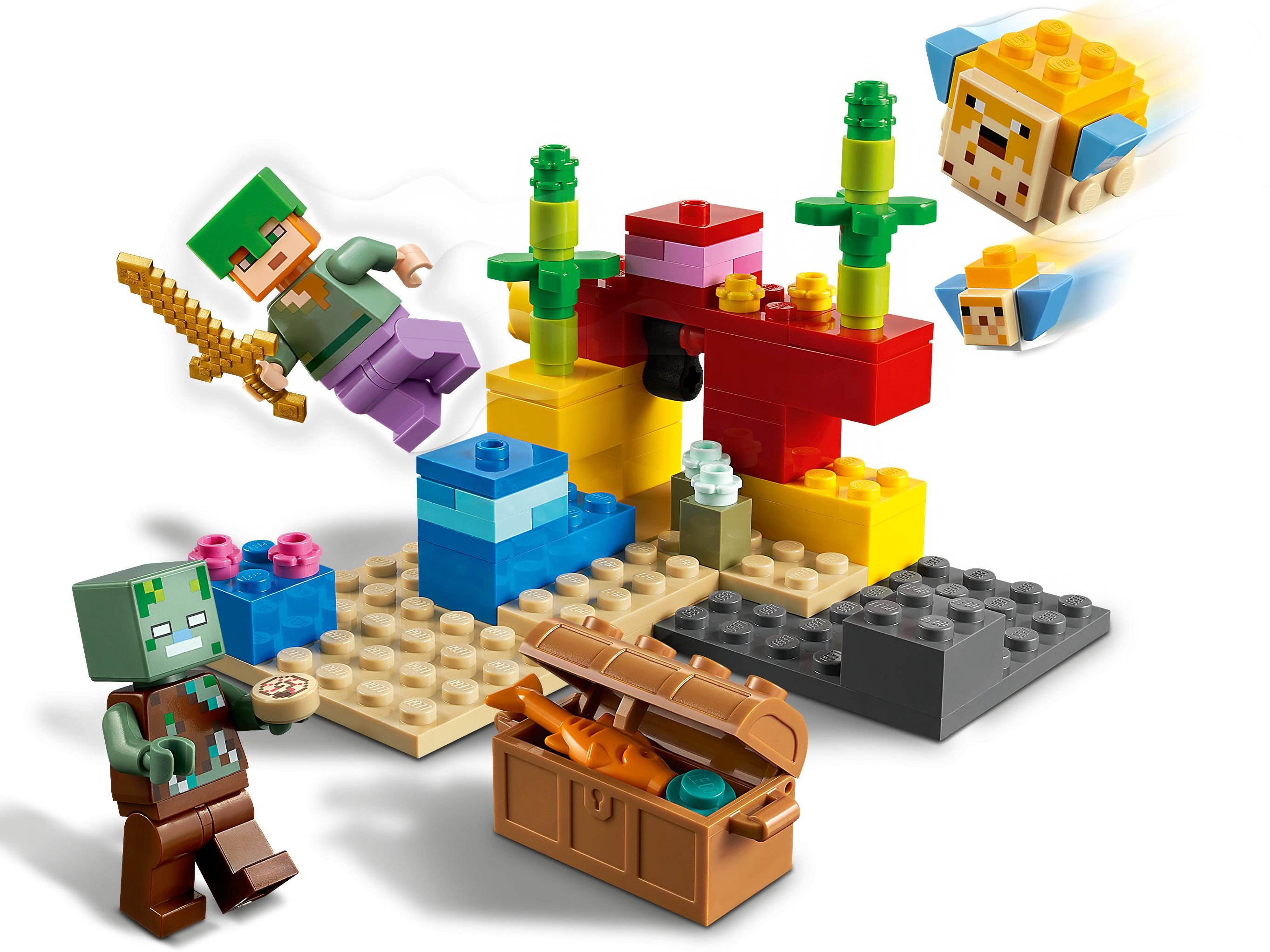 Minecraft LEGO-Set mit Figuren, Blöcken und Zubehör. Enthält einen Zombie, eine Figur mit Schwert und fliegende Fische.