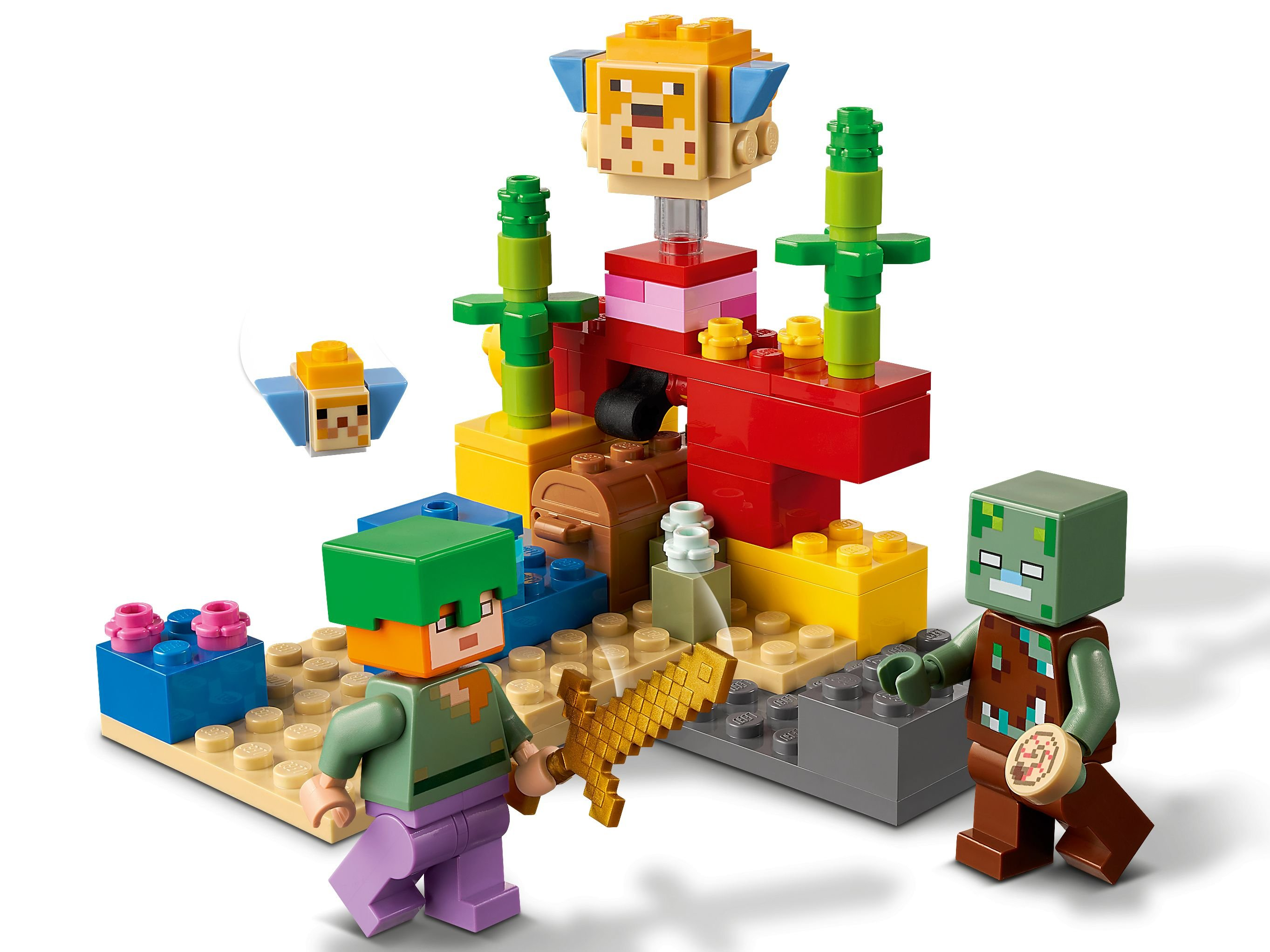 Minecraft Lego-Set mit Charakteren, Strukturen und Zubehör. Enthält Steve mit einem Schwert, einen Zombie und einen Kugelfisch.