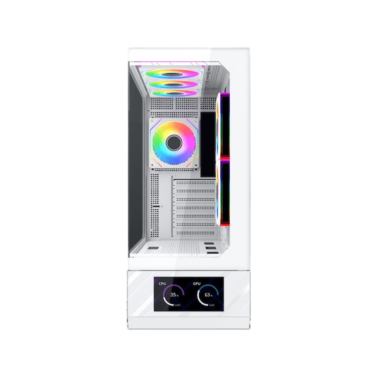 Un case per computer bianco con ventole RGB e uno schermo che mostra le percentuali di carico CPU/GPU.