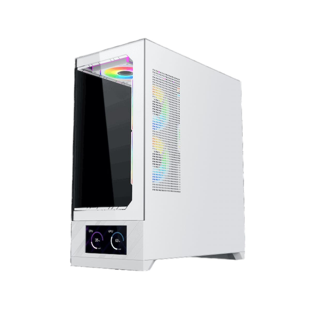 Un case per computer bianco con pannello laterale in vetro. Ha una ventola arcobaleno e visualizza le statistiche di CPU e GPU su un piccolo schermo.