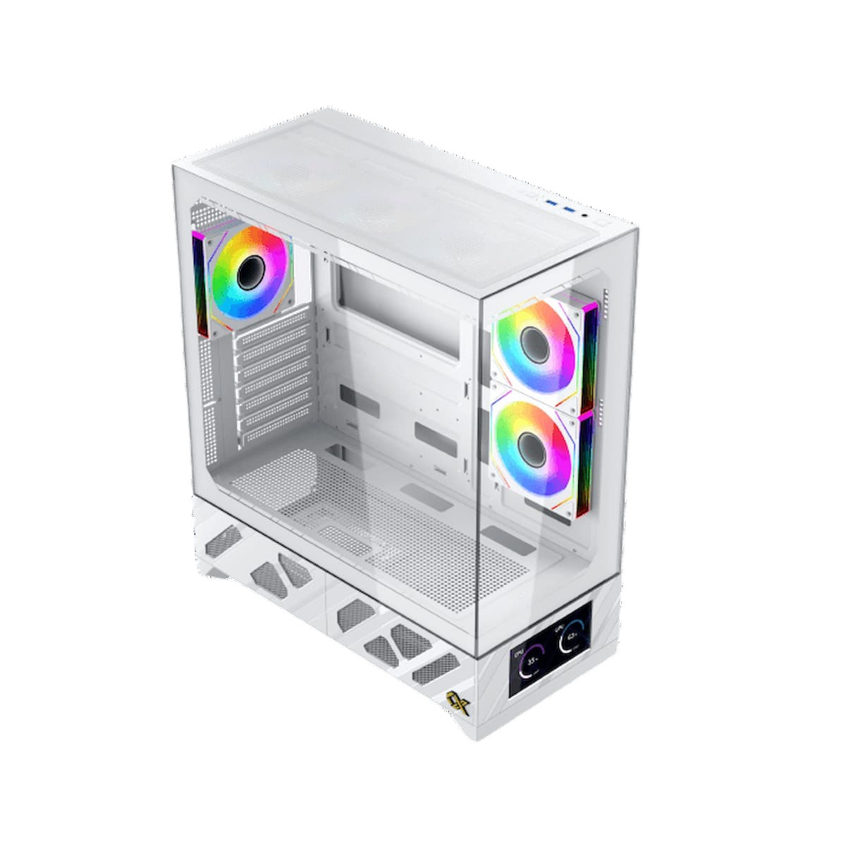 Un case per computer bianco con pannelli di vetro e ventole a LED colorate. Su sfondo bianco.