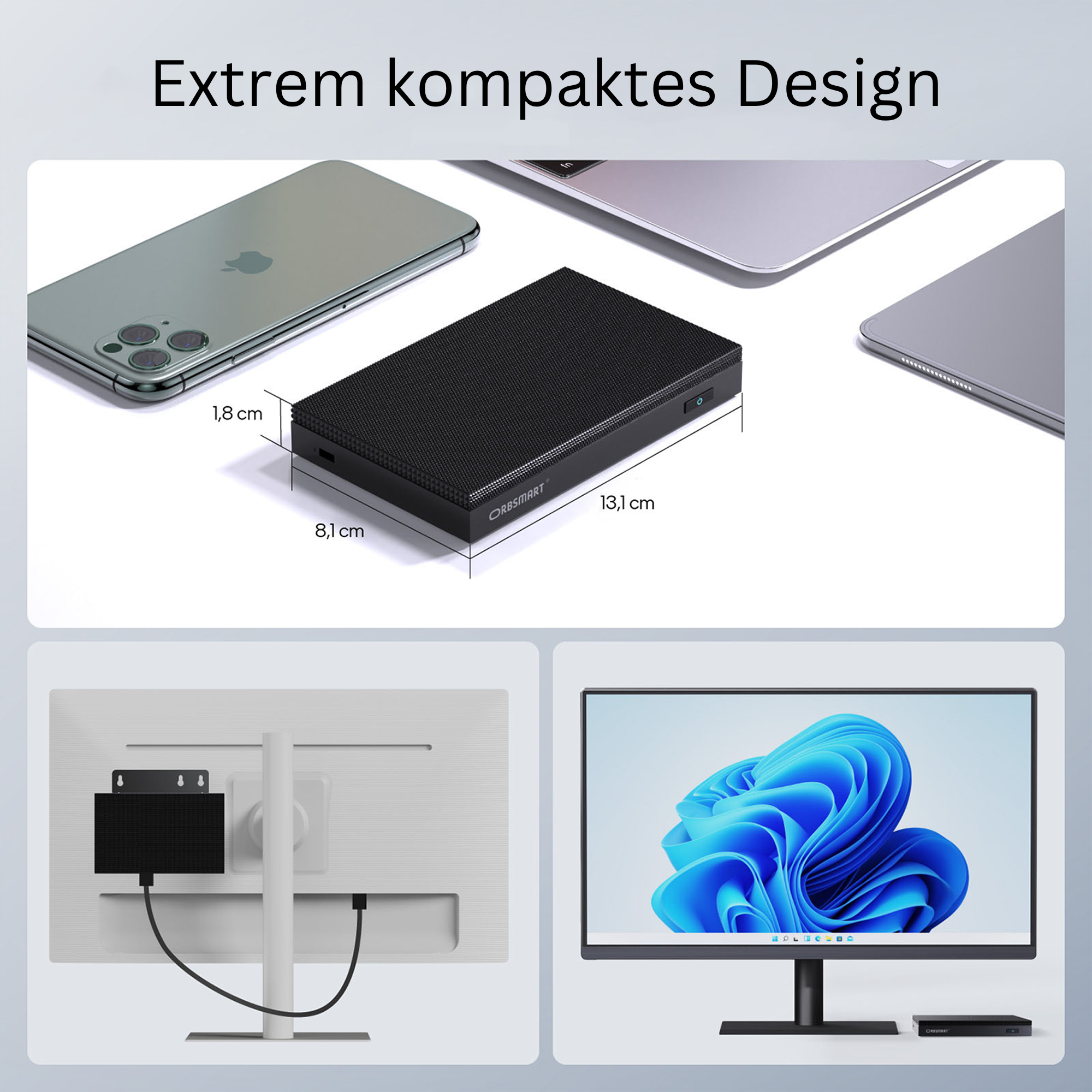 Ein schwarzes Gerät mit Abmessungen befindet sich neben einem Telefon und zwei Laptops. Es werden auch zwei Monitore gezeigt.