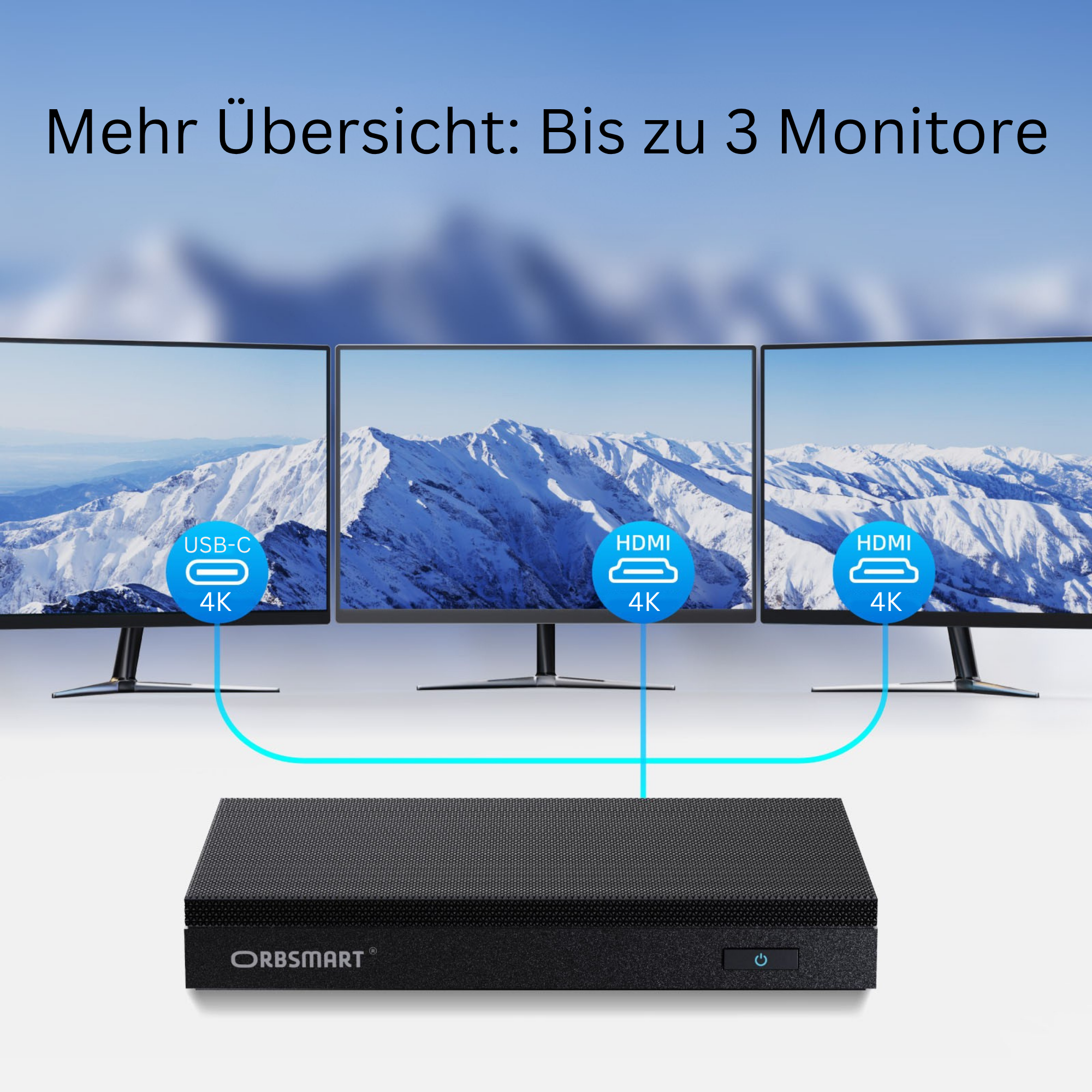 Drei Monitore zeigen eine schneebedeckte Bergkette. Ein schwarzes Gerät unten verbindet sich mit den Monitoren.