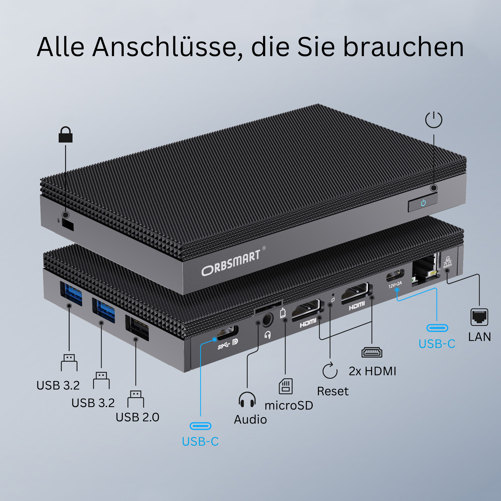 Das Bild zeigt ein schwarzes Gerät mit verschiedenen Anschlüssen, darunter USB, HDMI und LAN. Es zeigt 'ORBSMART'.