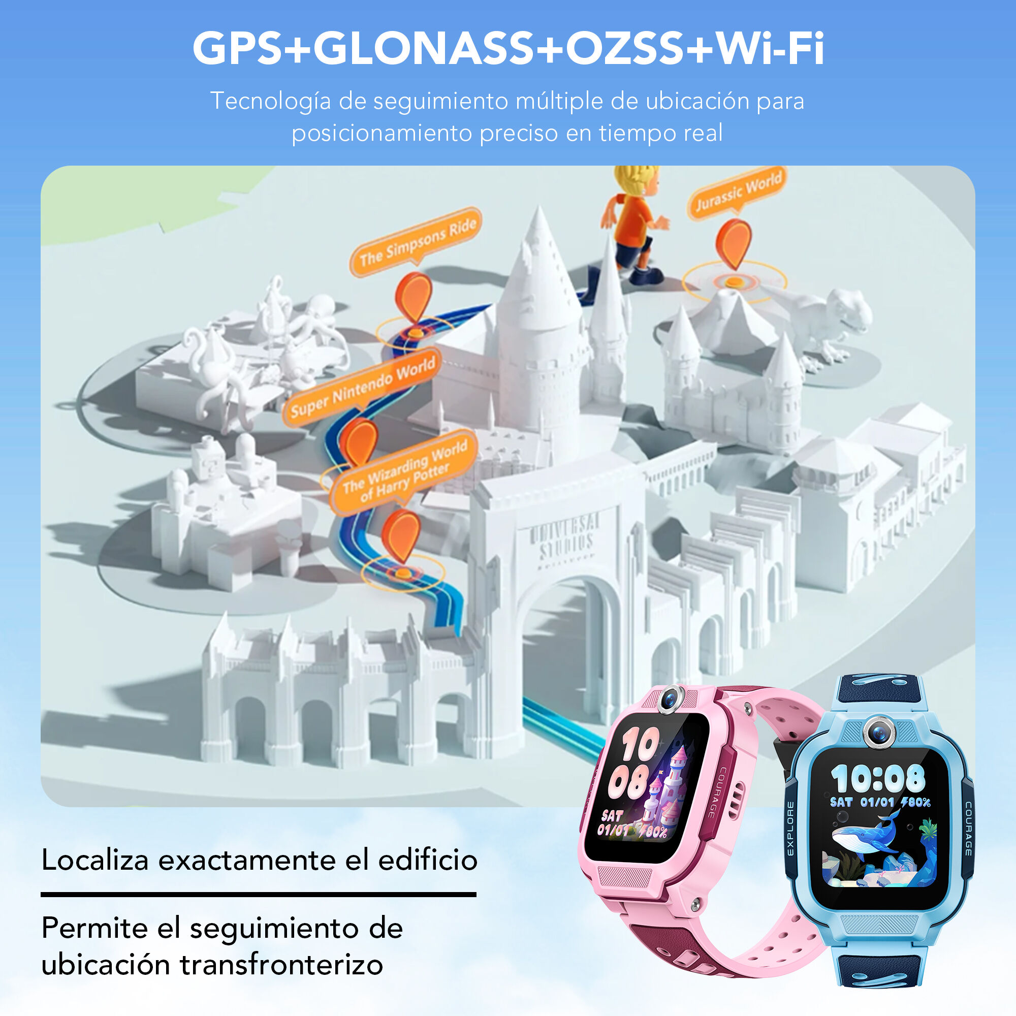 La imagen muestra un mapa de parque temático con relojes inteligentes. Se ven relojes inteligentes rosas y azules. El texto incluye GPS y seguimiento de ubicación.
