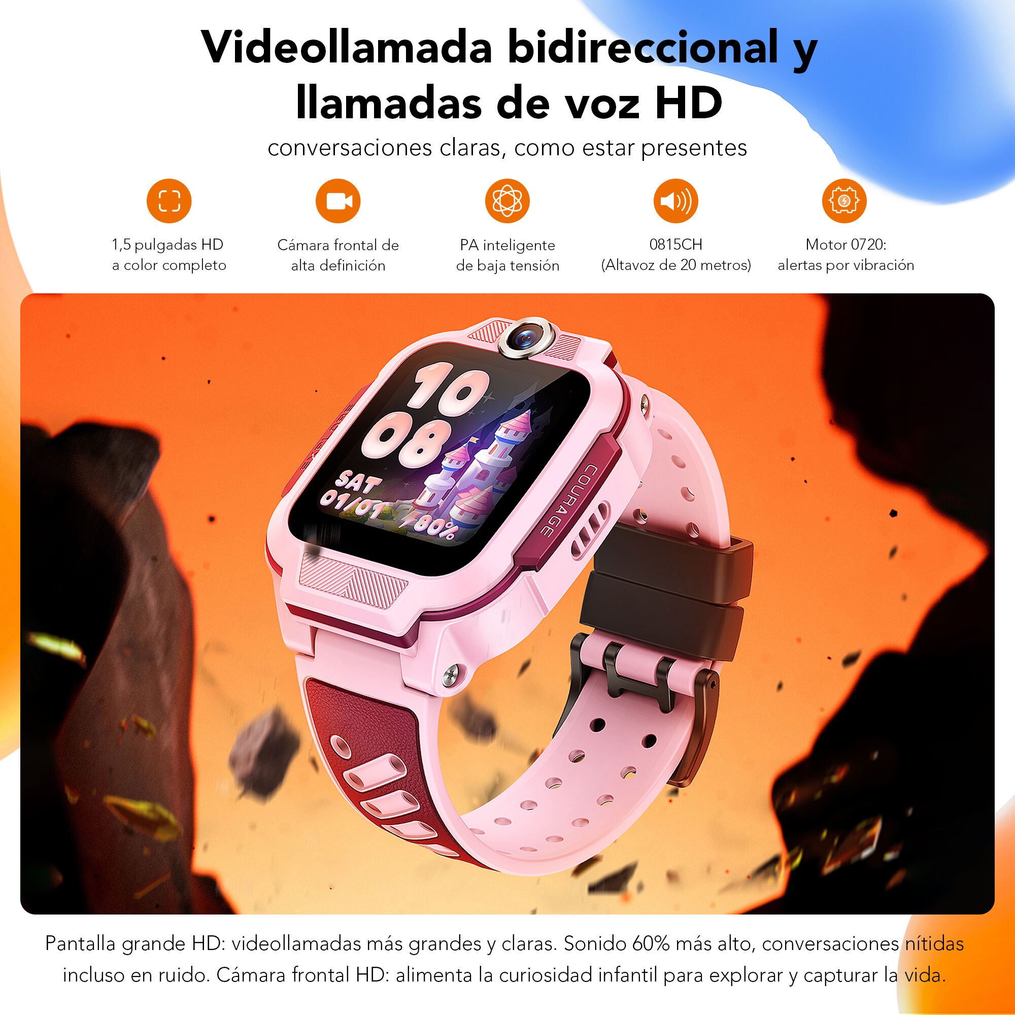 Un reloj inteligente rosa con pantalla que muestra la hora y la fecha. Tiene cámara y altavoz, con texto que describe sus funciones.