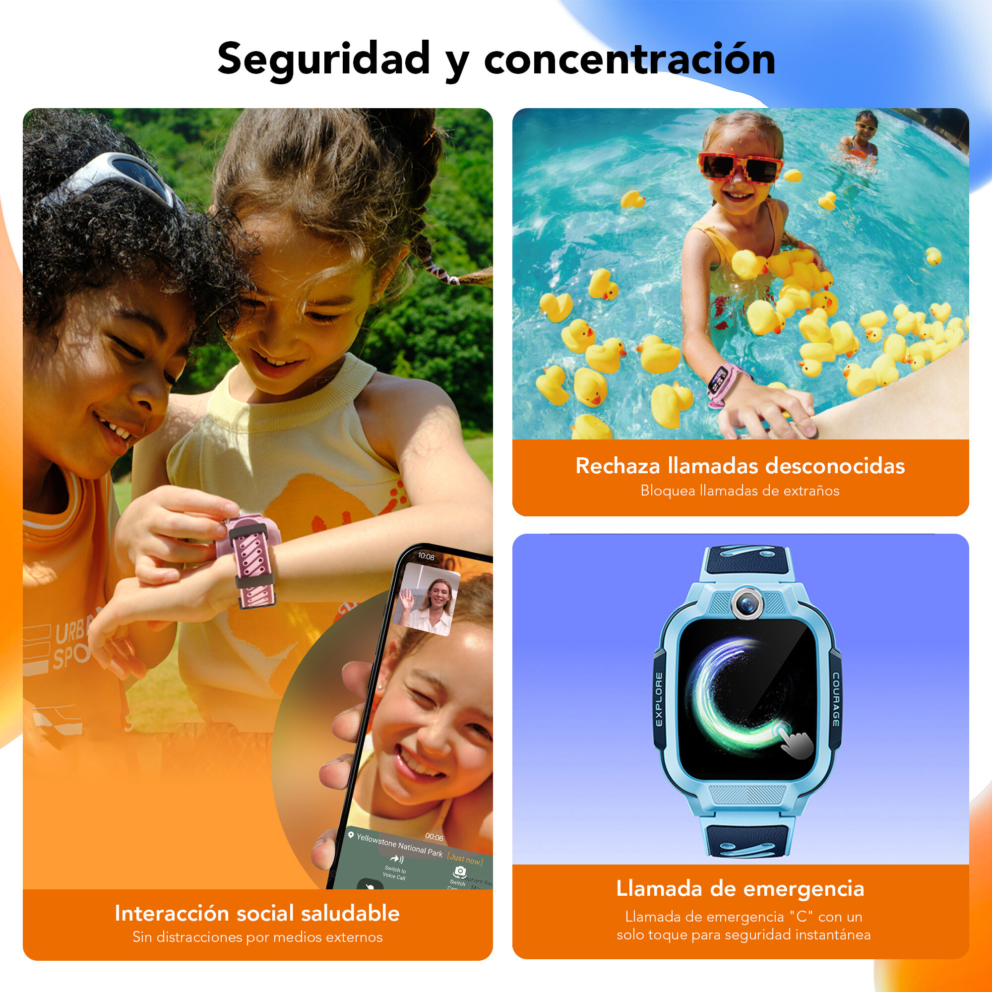 La imagen muestra niños con smartwatches. Las funciones incluyen rechazar llamadas, llamada de emergencia e interacción social saludable.