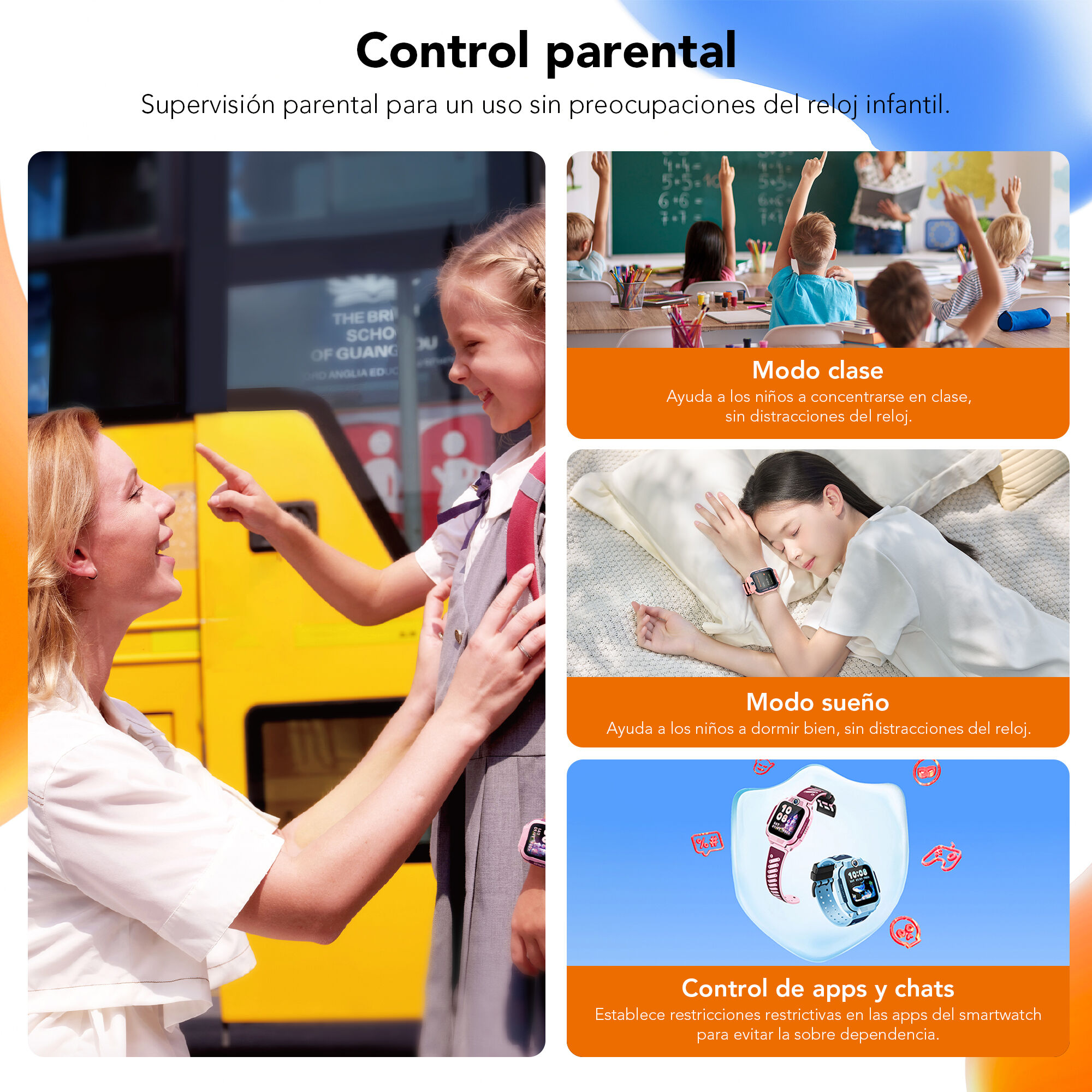 Una mujer señala un autobús escolar. Una niña sonríe. La imagen promociona las funciones de control parental de un smartwatch.