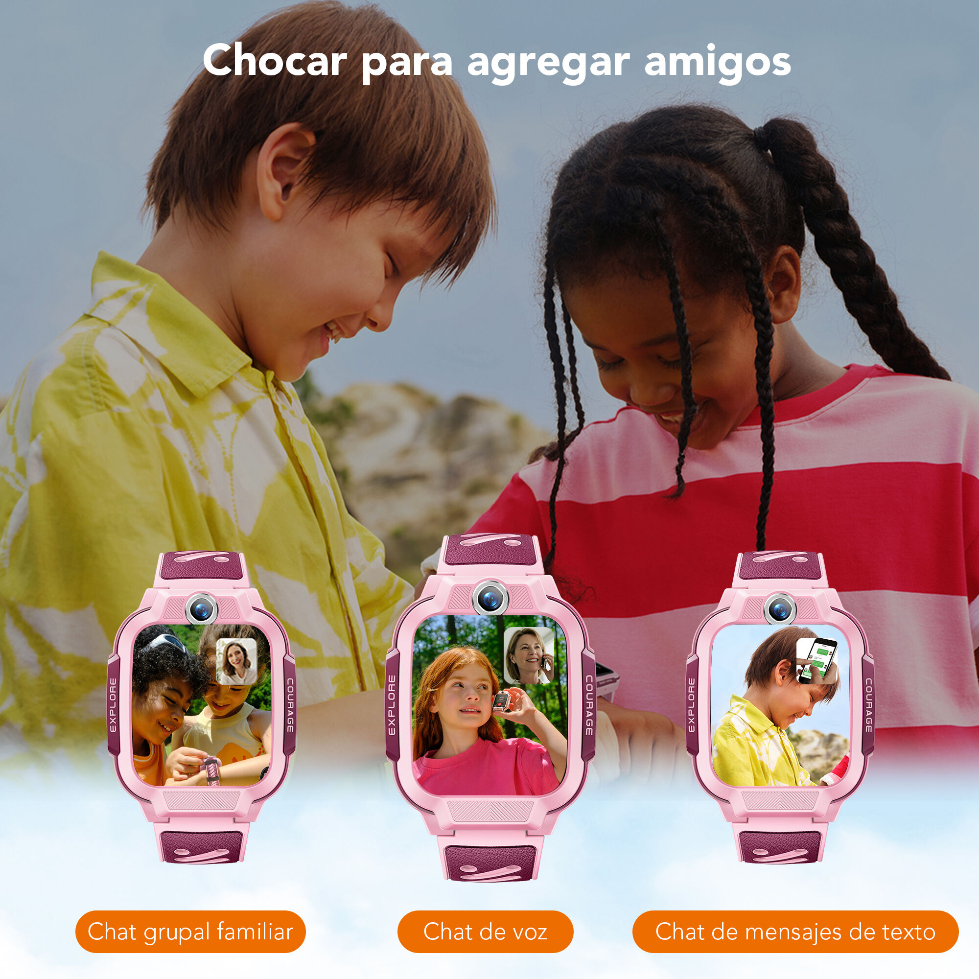 Niños sonriendo mostrando smartwatches con videollamadas. El texto dice 'Toca para agregar amigos' y opciones de chat.