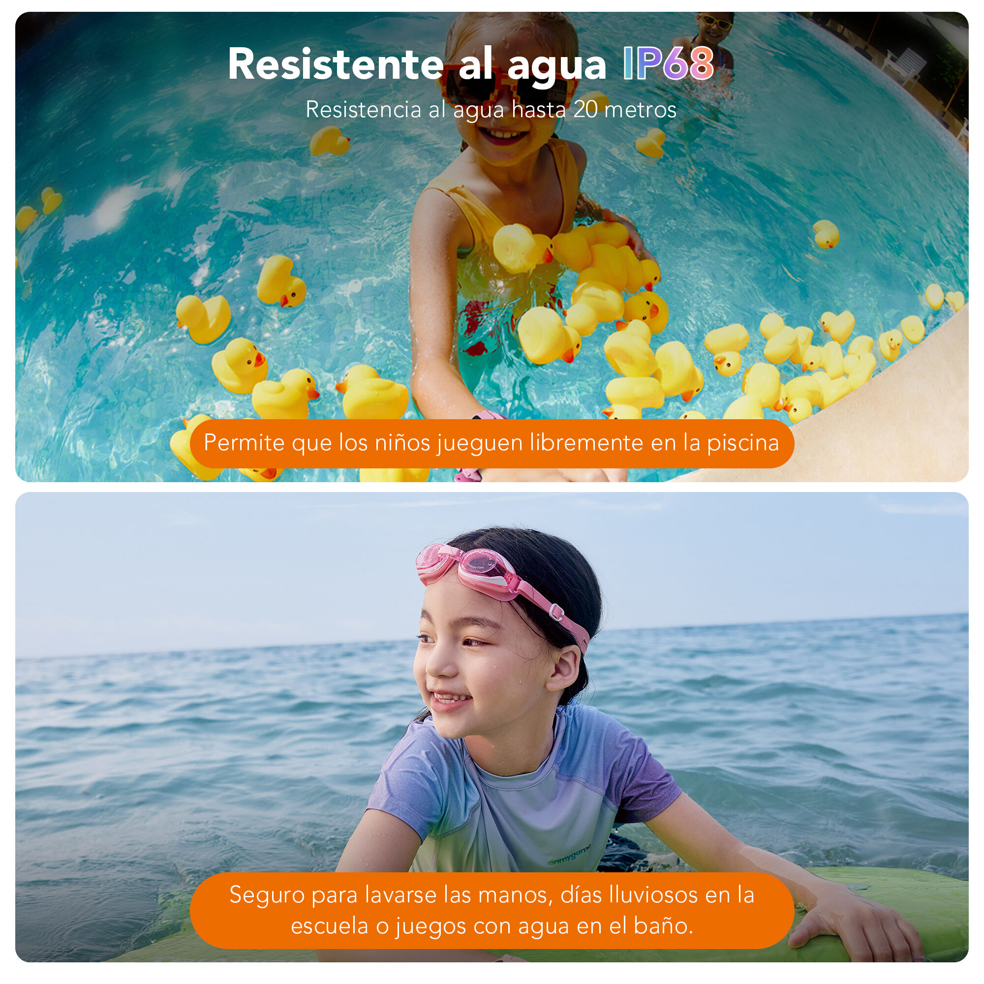 Arriba: Niña en piscina con patitos. Abajo: Niña en mar con gafas, sonriendo.