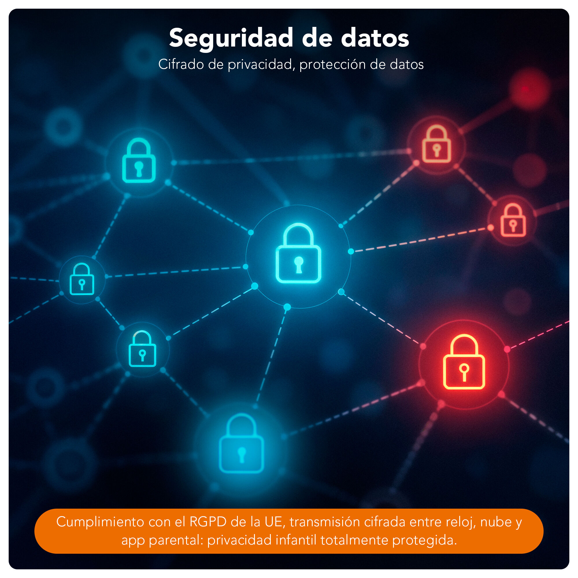 La imagen muestra seguridad digital con candados interconectados, algunos azules, otros rojos, que representan la protección de datos y la privacidad.