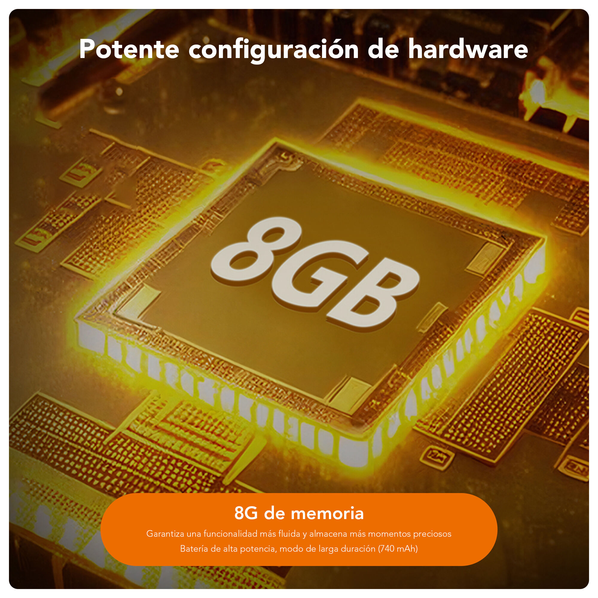 Imagen de un componente electrónico dorado con '8GB'. El texto debajo resalta la memoria y las características de la batería.