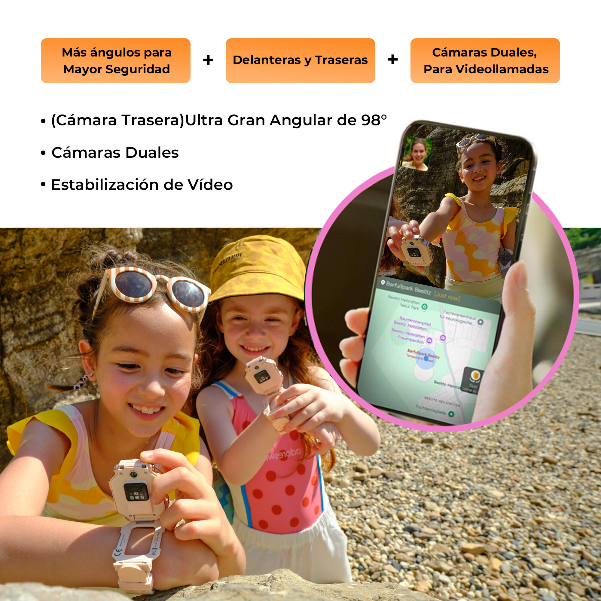 Dos niñas con smartwatches, una usando videollamada. Características: cámaras duales y estabilización de video.