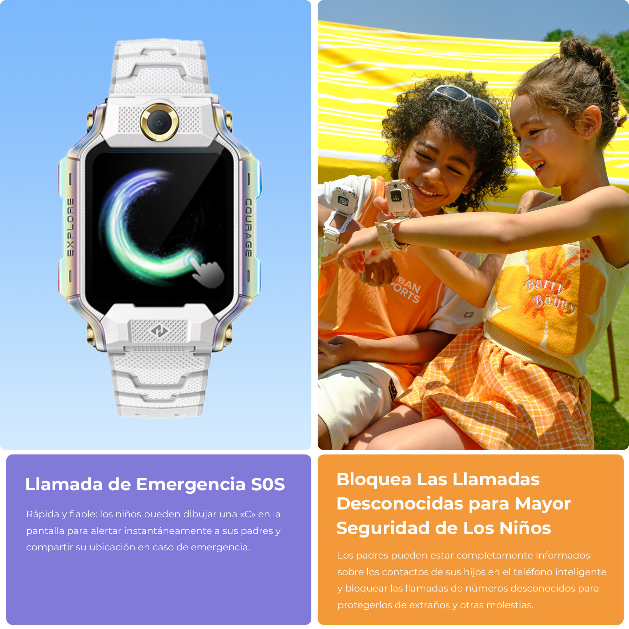 Un reloj inteligente blanco con pantalla táctil a la izquierda. Dos niños sonríen y llevan relojes a la derecha.