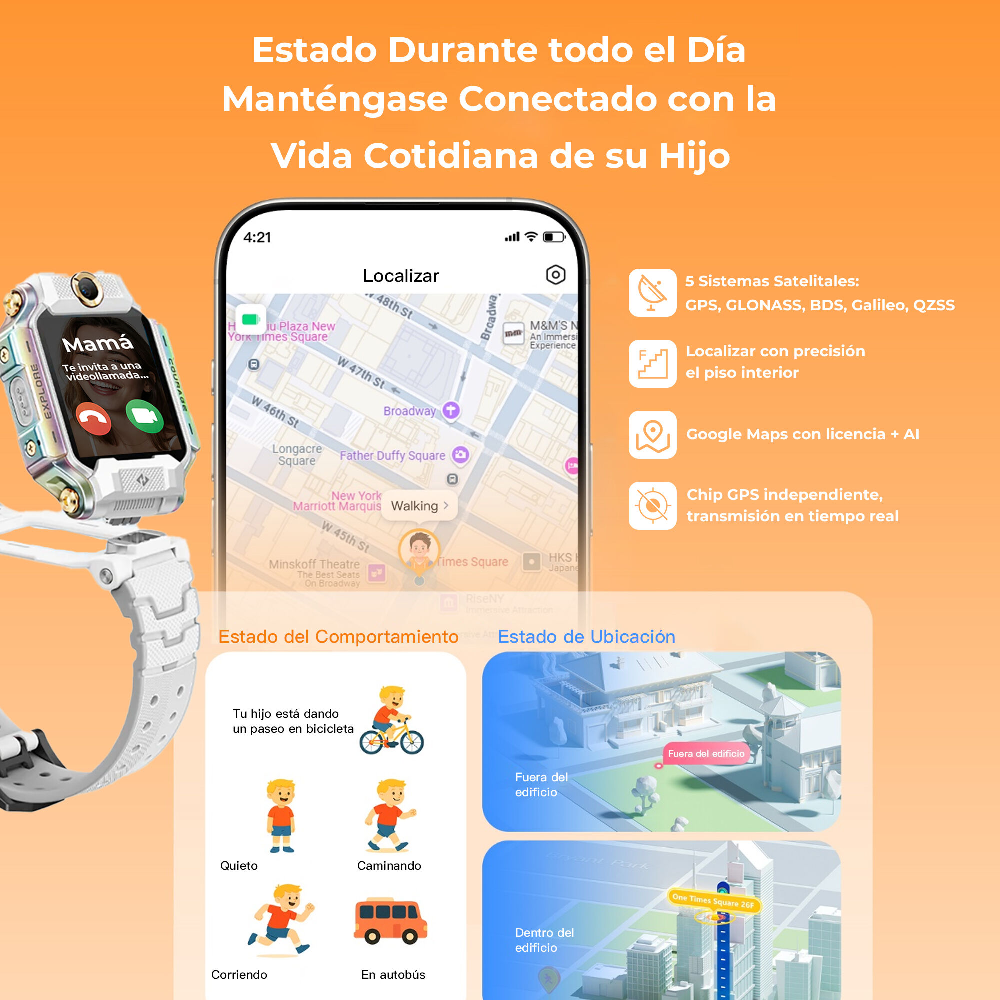 Un reloj inteligente muestra un mapa y el estado de actividad del niño. Muestra GPS y detalles de ubicación, con una notificación de videollamada.