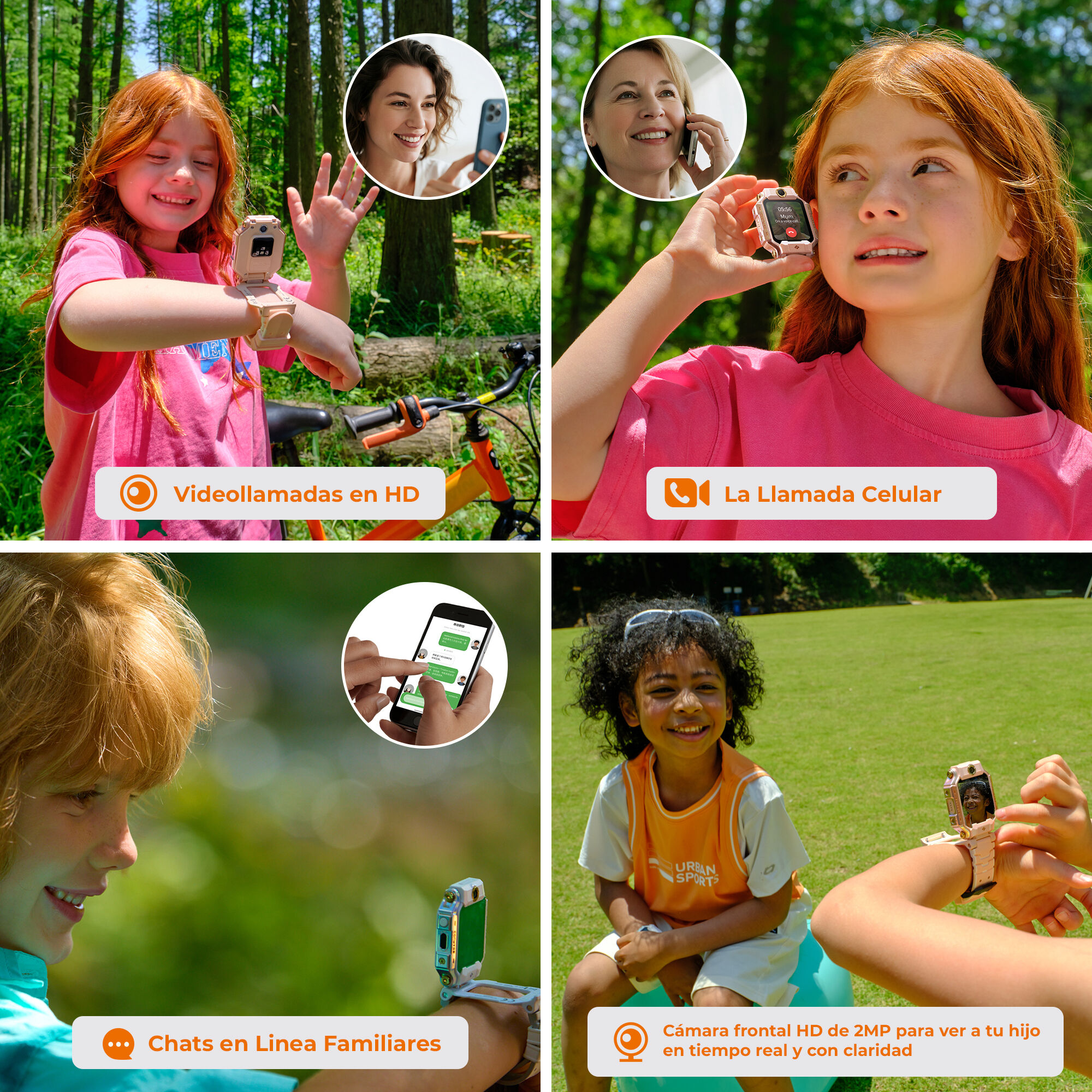 Cuatro imágenes muestran a niños usando relojes inteligentes para videollamadas y chatear. Los fondos incluyen un bosque y un campo verde.