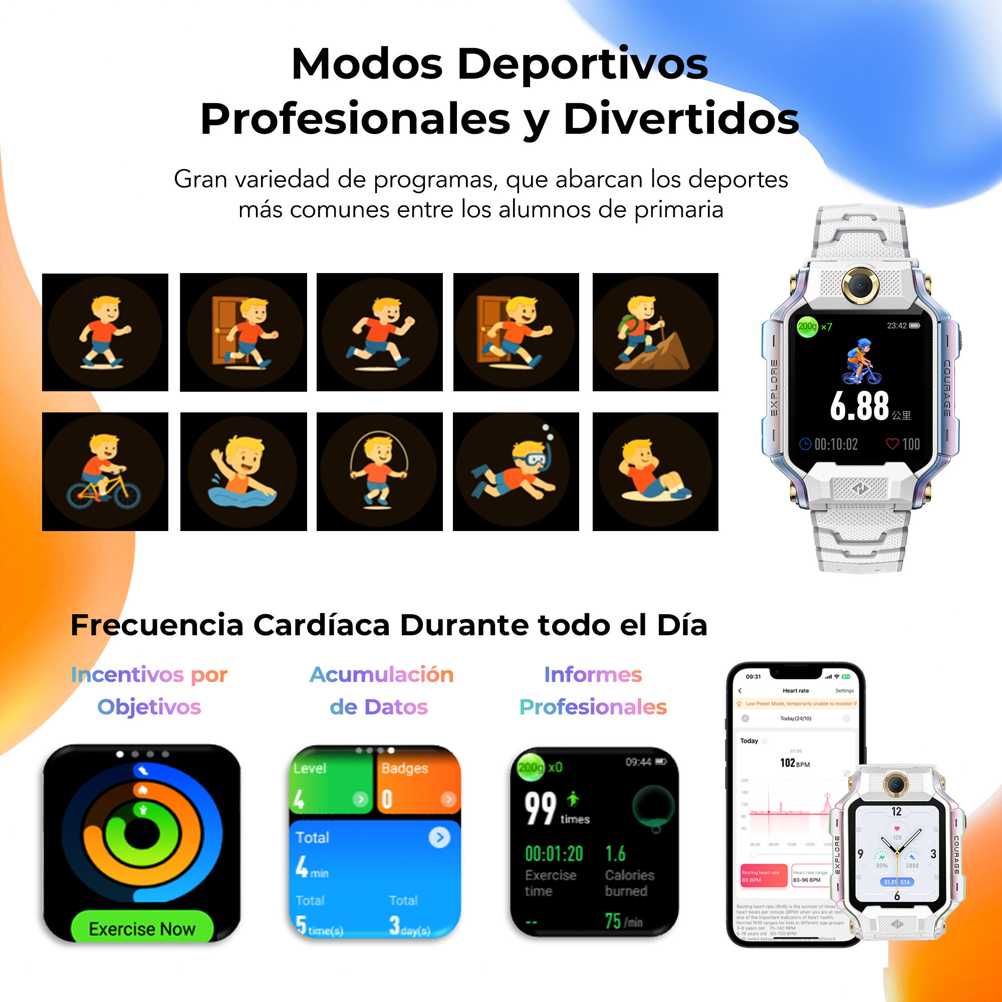 La imagen muestra un reloj inteligente con iconos deportivos, datos de frecuencia cardíaca y estadísticas de ejercicio. Texto en español. Reloj deportivo para niños.
